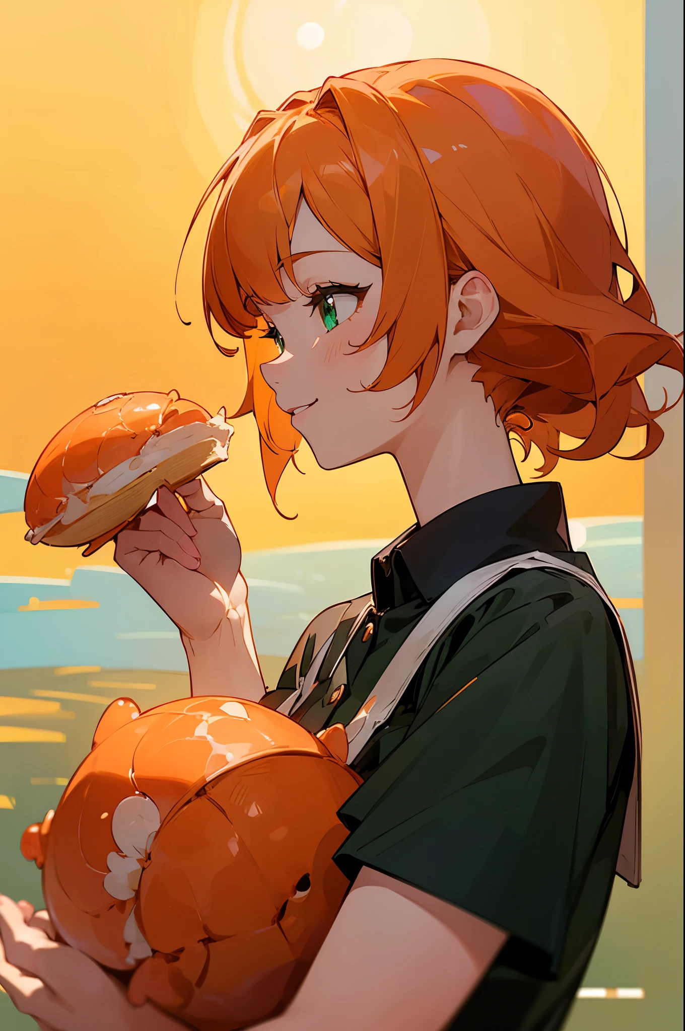 (masterpiece、Best Quality)、Exquisite details、8k、Sharp focus、(Bokeh) (Best Quality) (Skin refinement:1.3) (Exquisite details) (8k) (Detailed) (anime)、one woman、solo、orange hair、random hair、green eyes、Smile、profile、Orange Clothes、black inner shirt、Upper Body Closeup、holding a big Shrimp pound cake in both hands、sun and blue sky background
