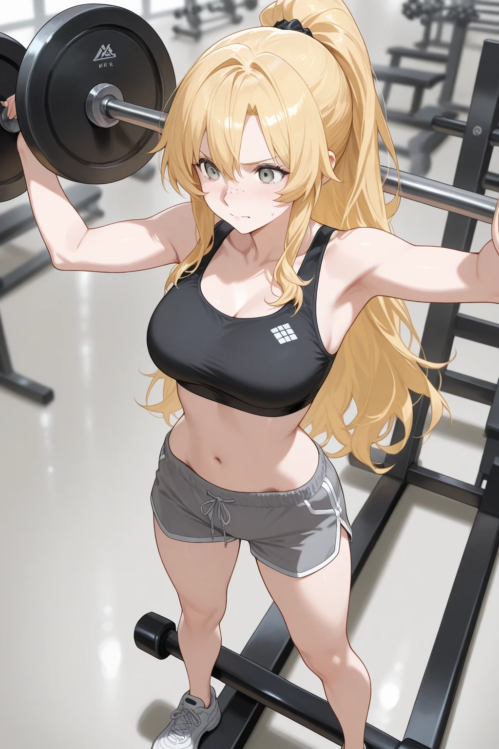 kinematics, reality, Young Beautiful Girl, perfect shape, perfect shape, Full view, perfect body, (Starting down: 1.3), face mask, pose, long sexy legs, safe, beautiful sexy, Gray short sleeves, Open Abdomen, Black super shorts, s-shaped body, hips up, assuming, posing, Different perspectives doing exercise in the gym 