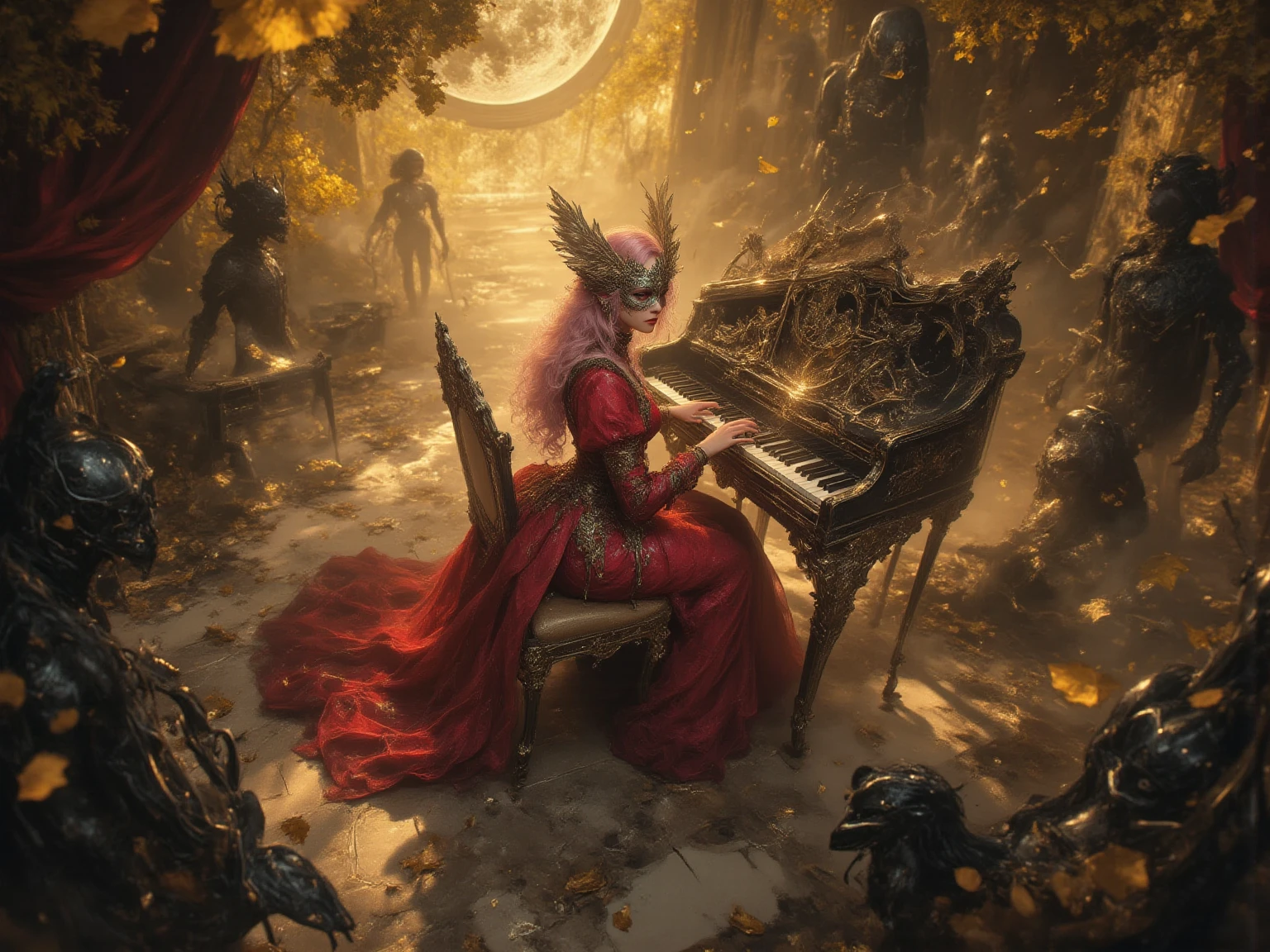 Language: ja while a woman wearing a gold ornament plays the keyboard while dancing fluently、People wearing heavy armor dance gracefully、while the golden leaves are shining slowly and the ether of yellow light flows out of the instrument