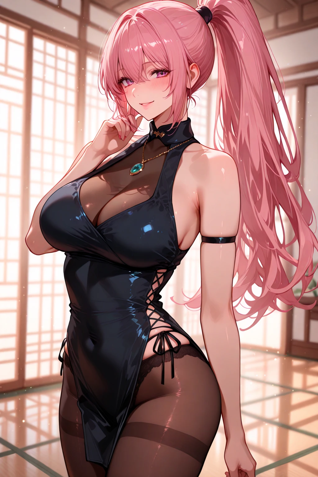 Star shaped pupils, 4k, Iridescent hair, twin tails ,Lens flare, pink hair highlights,mascara, eyeliner, god rays, 4k, 8k, best quality, masterpiece, hyper detailed, intricate detail, 1girl, solo, detailed, Detailed fuschia hair ++, detailed pink eyes ++, large breasts, raytracing, perfect shadow, highres, enhanced eyes, demon, succubus, thick, evil, fangs, huge breasts,