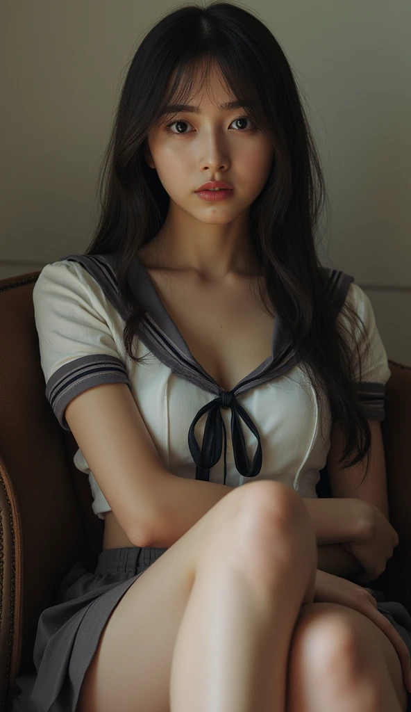 , 4k, 8k, 16k, masterpiece, best quality, ultra high res, High detail RAW color photo, professional photograph, (realistic, photo realistic), depth of field, Lens Glow, Sony α7, 35mm, f1.8, knees to , 17 years old 1 school girl, (high detailed cute face:1.1), high detailed eyes, big eyes, Brown hair, long hair,  (tight sailor uniform), (mini-skirt), hugging own legs, ( shot:1.1), (white :1.1), highly detailed background, classroom, open window, curtains, Sunlight shining through, The winds are blowing