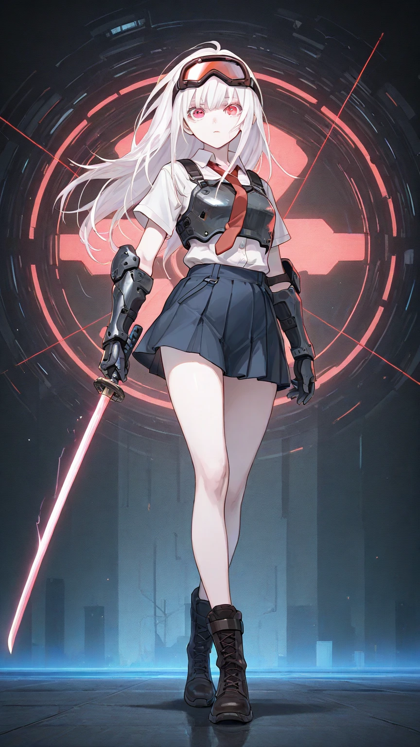 greyt hair, side swept bangs, （（hair covering one eye））,There is a red antenna decoration on the head, x-shaped pupils, Red eyes,（ Mechanical prosthetics）, There is a red reactor in the middle of the chest, （Dark blue body）, holding a red lightsaber,Stand on the broken streets， Ark of Tomorrow standing painting style, Ray tracing, 8K, Super detail