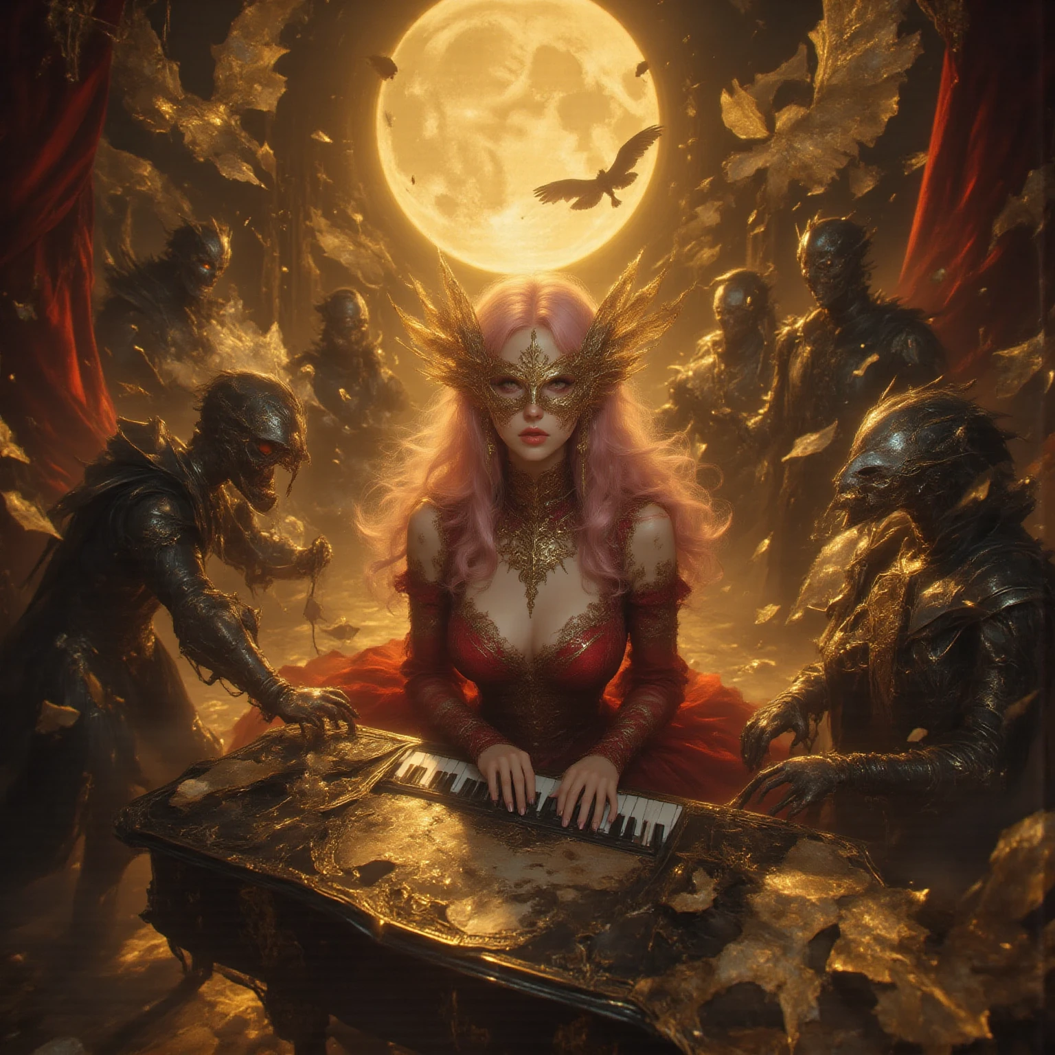 Language: ja while a woman wearing a gold ornament plays the keyboard while dancing fluently、People wearing heavy armor dance gracefully、while the golden leaves are shining slowly and the ether of yellow light flows out of the instrument