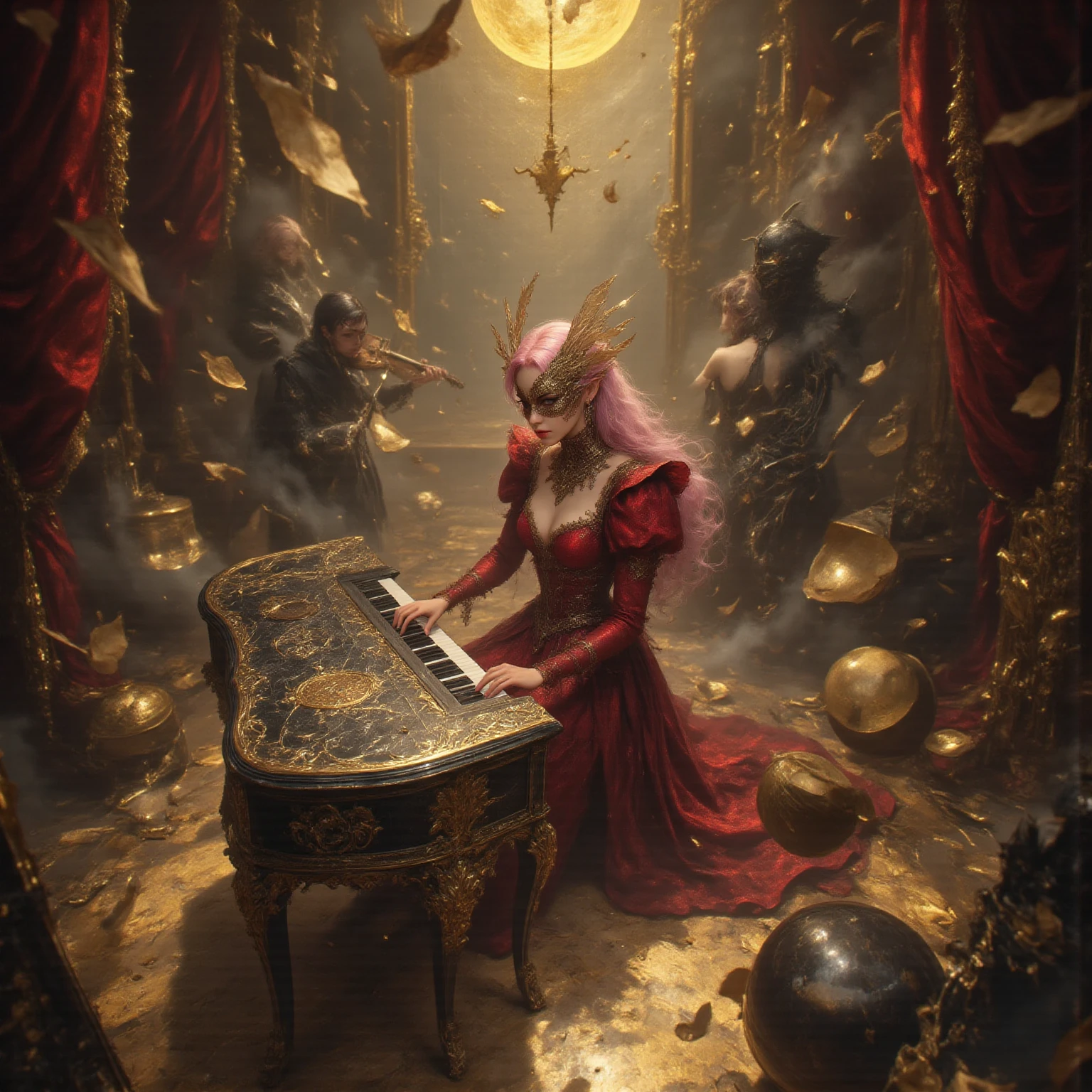 Language: ja while a woman wearing a gold ornament plays the keyboard while dancing fluently、People wearing heavy armor dance gracefully、while the golden leaves are shining slowly and the ether of yellow light flows out of the instrument