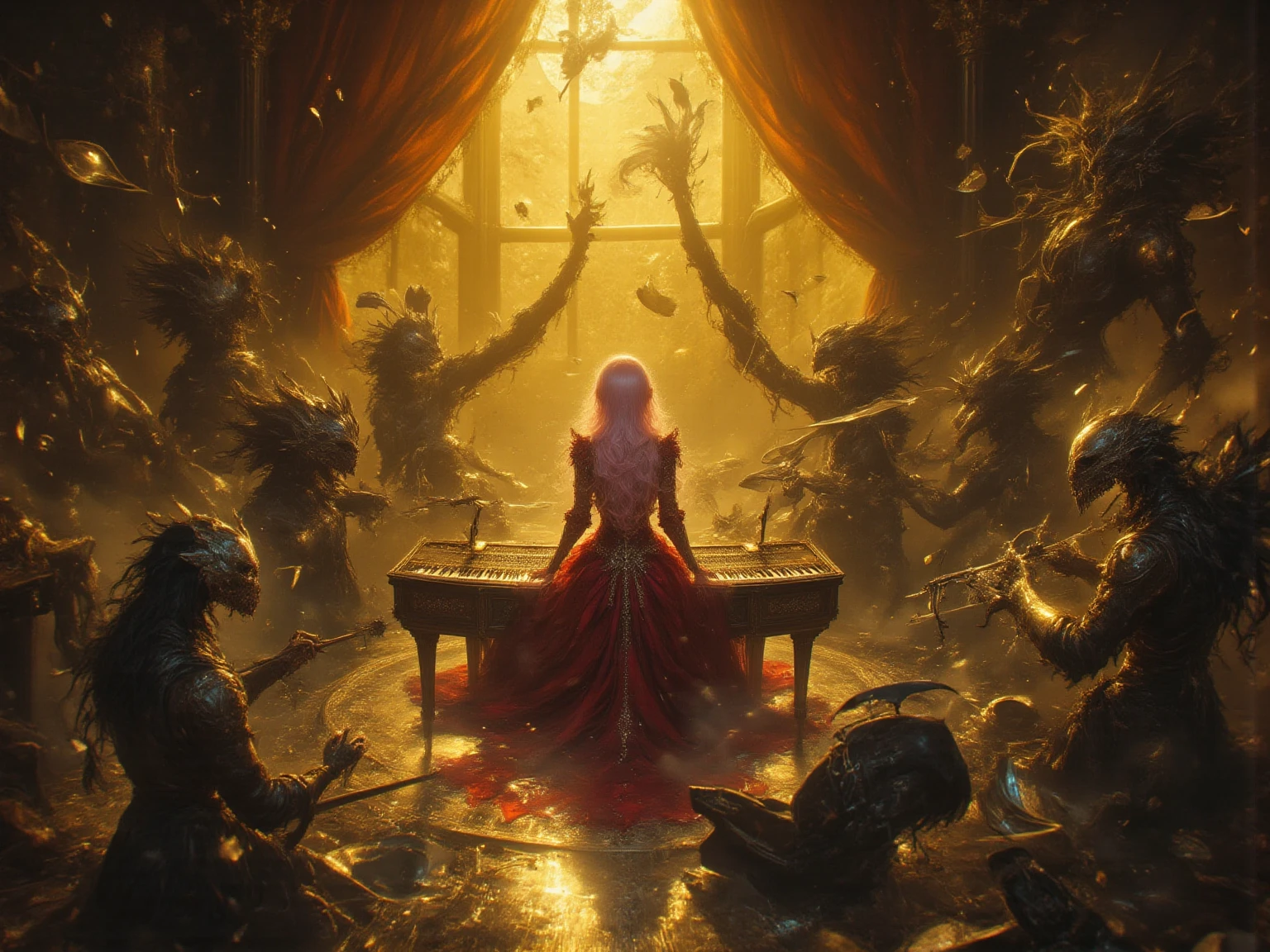 Language: ja while a woman wearing a gold ornament plays the keyboard while dancing fluently、People wearing heavy armor dance gracefully、while the golden leaves are shining slowly and the ether of yellow light flows out of the instrument