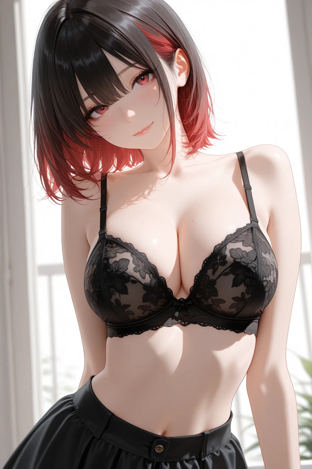 SFW (masterpiece, best quality, 32k) a teenage girl with medium black hair ((stark black hair, coal black hair, bangs, diagonal bangs, blunt bangs, bob, messy bob, wavy bob, inverted bob)), ((brown eyes, yellow eyes, amber eyes, golden eyes, bright eyes, beautiful eyes, detailed eyes, finely detailed eyes, highly detailed eyes)) ((youthful face, beautiful face, cute face, sexy face)), ((full lips, plump lips)), ((pale skin, white skin, porcelain skin, smooth skin, soft skin)), standing, walking, inside, indoors, medieval bedroom, fantasy bedroom, wooden bedroom, simple background. ((Black & red , black & red , lace , sheer , balcony , push-up , cleavage, push-up cleavage, undersized , black & red , lace , sheer , thin , high-leg , :1.3)), ((huge breasts:1.9, enormous breasts:1.7, gigantic breasts:1.7, round breasts:1.3, perky breasts:1.3, bulging breasts:1.6)), ((slim:1.4, lithe:1.4, slender:1.4, thin:1.4, busty:1.2, buxom:1.2, swimmer's body:1.2, supermodel body:1.2, svelte body:1.2, fit body:1.2)), ((round hips, thin waist, waspish waist, slim waist)), ((long legs, slender legs)), small smile, calm expression, content expression, serene expression, happy expression, open eyes, large eyes, expressive eyes, head-to-waist portrait, cinematics, color oil painting, cinematic lighting, ((extremely detailed face)), ((finely detailed face)), Extremely detailed eyes, finely detailed eyes, beautiful face, beautiful eyes, perfect lighting, depth of field, (realistic proportions), (good ), ((solo:1.6)), ((1girl:1.6))