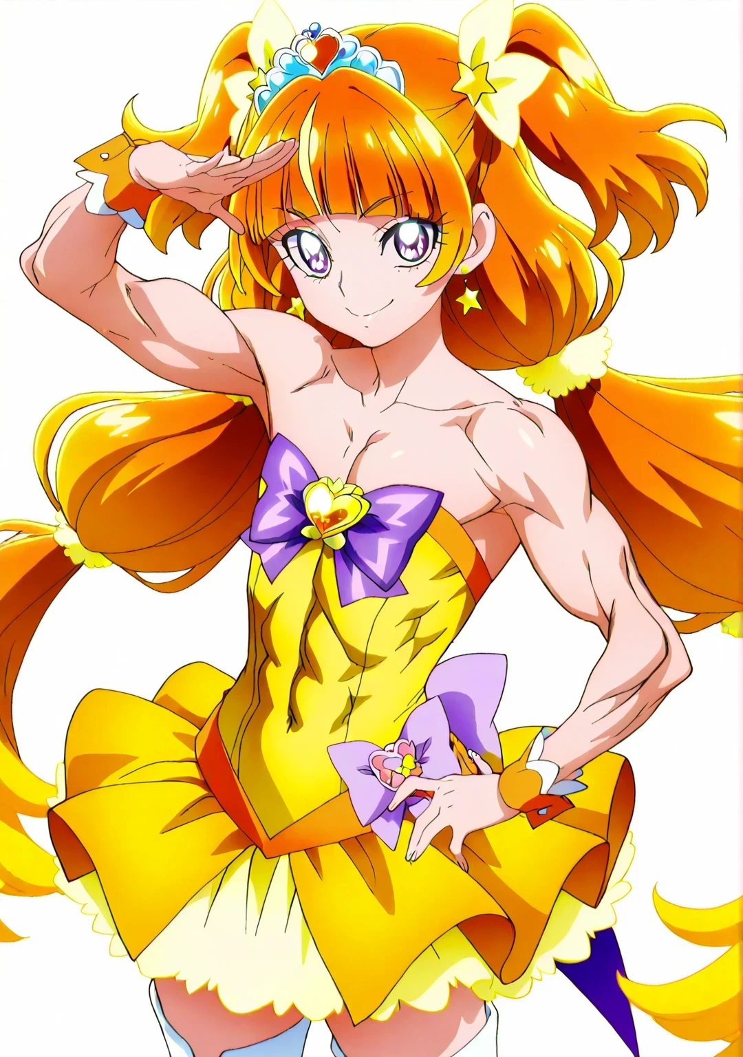 傑作、best quality、best resolution、best image quality、amazing quality、 very aesthetic、 absurdres、anime coloring、anime screencap、anime screenshot、1boy、cure twinkle is a boy warrior、(male:1.6)、official anime style、boy is wearing a yellow strapless dress、orange brown haired boy、official art、solo、long hair、orange hair、low tied long hair、multicolored hair、brown hair、two tone hair、gradient hair、streaked hair、blunt bangs、high short twintails hair、low two side up hair、quad tails、tiara、golden hair accessories、official art style、Jewelry brooch、muscular and strong、white boots、yellow mini dress、sexy、official anime artwork、thigh boots、strong muscles、yellow tutu skirt、purple bow、yellow bow、anime screencap、sparking magical boy、sexy atmosphere、purple puffy mini skirt、layered skirt、ultra mega super hyper sexy、purple puffy mini skirt underneath yellow tutu skirt、男性的で筋肉質、official artwork、anime prince、purple eyes、official anime artwork、muscular man、wrist cuffs、purple bow tie、orange belt、collarbone、trapezius、covered midriff、covered abs、covered navel、 covered stomach、upper pectoralis major、covered pectoralis major、flat chest、biceps、biceps long head、biceps short head、triceps、triceps medial head、triceps lateral head、triceps long head、deltoids、anterior deltoids、middle deltoids、posterior deltoids、thigh muscles、semitendinosus muscles、covered hamstrings、covered adductor magnus muscles、official anime art、bare shoulders、bare arms、bare bare thighs、anime lewd boy、anime sexy boy、anime bratty boy、anime provocative boy、(manly:1.6)、yellow strapless dress、sexy boy、cool boy、adult boy、lewd boy、bratty boy、provocative boy、white thigh high boots、naughty smile、lewd smile、provocative smile、bratty smile、sexy male、heavenly aura、galaxy aura、lewd male、perfect body、perfect hands、perfect legs、male focus、looking at viewer、cure twinkle outfit、grin、open mouth、cowboy shot、(male body:1.6)、official style、(manly face:1.6)、official art、orange background、purple background、gradient background、two tone background、multicolored ba