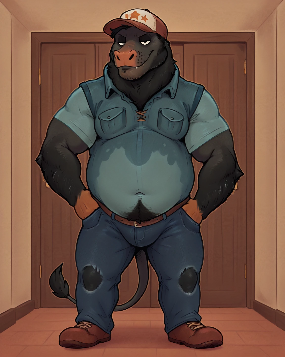 Bara, by Taran Fiddler, muscular male, mature age, middle-aged, kemono, furry male, beefy physique, pecs:1.3, canine, white fur, beard, , red boxers, clothing is slipping off waist ((, dripping)), pulling up boxers, standing on doorstep, leaning against doorframe, body is against doorframe, detailed, detailed face, handsome face