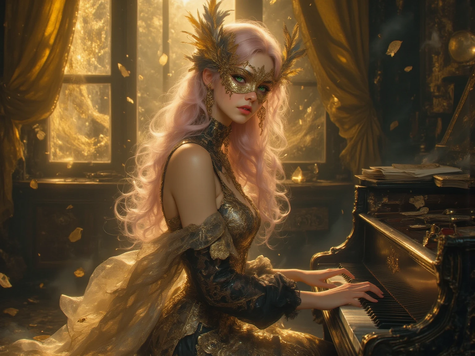 Language: ja while a woman wearing a gold ornament plays the keyboard while dancing fluently、People wearing heavy armor dance gracefully、while the golden leaves are shining slowly and the ether of yellow light flows out of the instrument