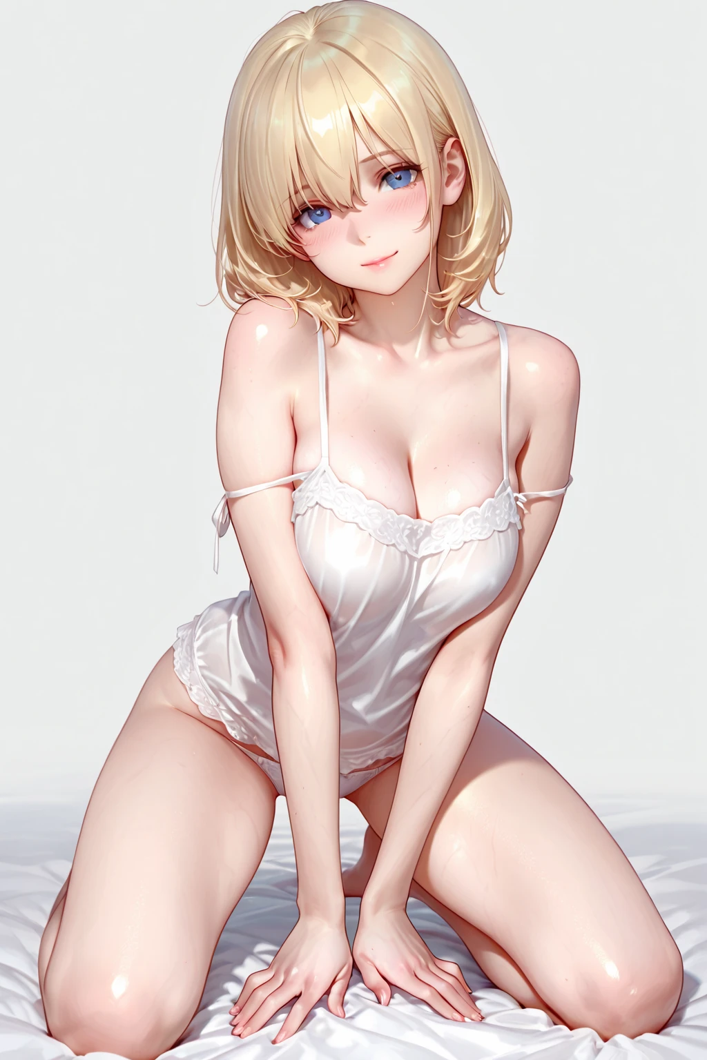 ((((masterpiece, highest quality, High resolution)))), (1 girl:1.5),
 short wavy hair, bob cut, (big breasts: 1.2),
no makeup, blush, light smile, shine, thighs,  shoulders, clavicle,
 tight waist, cleavage, wide hips, 
(beautiful detailed face, beautiful and detailed eyes), long slender thighs, perfect eyes,
 looking at the viewer,  looks,  pose,
 Stand on the door, turn your arms behind your back, At night, Satin Nightgown,
 , translucent,