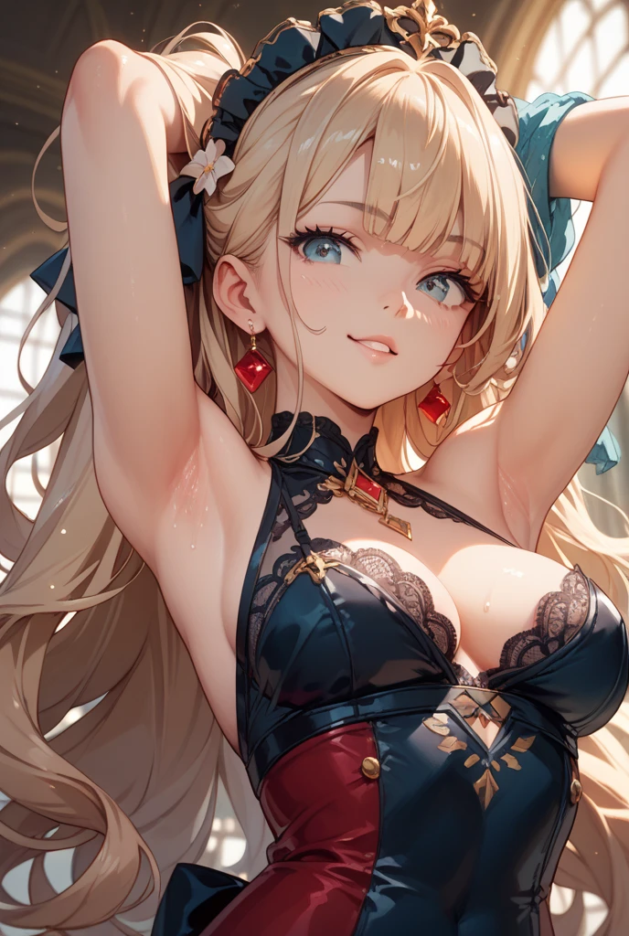 最high quality、best image quality、masterpiece、girl((18-year-old、 By becoming、vest bust、medium bust,wide open  tea、red glowing eyes, blonde、messy hair、long hair、thin,highest valley、Show the whole body、black cheongsam、open chest、black wristband、red high heels、sexy、smile、Leaning forward)),high quality、beautiful art、background((cyber world、cherry blossoms))、Flight、debris flies、Depth of written boundary、movie、visual art、perfect art、8K,genuine、