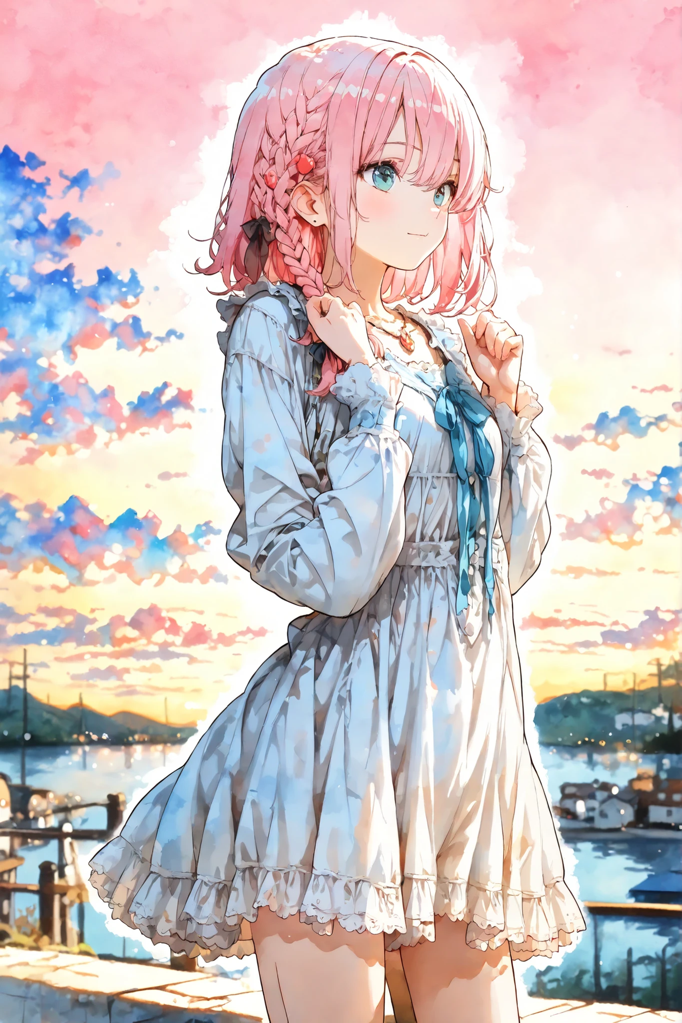smooth soft skin, finely detailed face, side braid, pink hair, finely detailed face, side braid, smooth soft skin,detailed background,,(masterpiece, best quality:1.2), 1girl, solo, cowboy shot, sky, (((Watercolor-style))),(((Watercolor))),((no-outline)),((no- borders)),Blurred