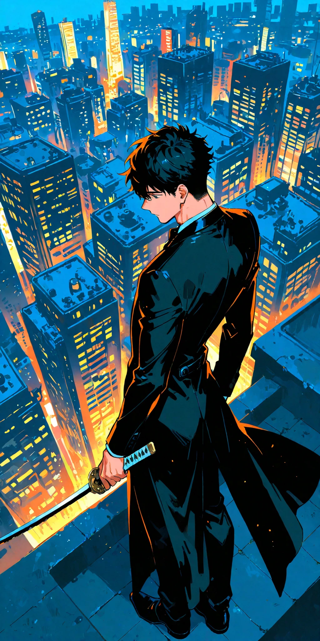 1boy, solo, original, handsome man, (mature male:0.5), (khaki eyes, yellow eyes:0.5), black hair, (short hair:0.7), (spiky hair:0.9) (hair between eyes:1.1), bangs, gentle, butler, [confident expression], (detailed clothing:1.2), coat, long coat, black trousers, slim, toned, upright posture, male focus, standing, holding katana, rooftop of skyscraper, from above, from behind, look down on the city, high contrast, dutch angle, (flat color:0.7), painterly, well-rendered, extra crisp, intricate face, masterpiece, best quality, newest, very aesthetic, very awa, intricate details, hyper detailed, vibrant hues, eye-catching outlines