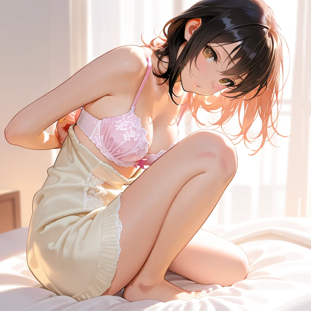 （8K、Hyper HD）On pink sheets、 bottom、Spread your legs、Show your 、short hair, Black Hair,