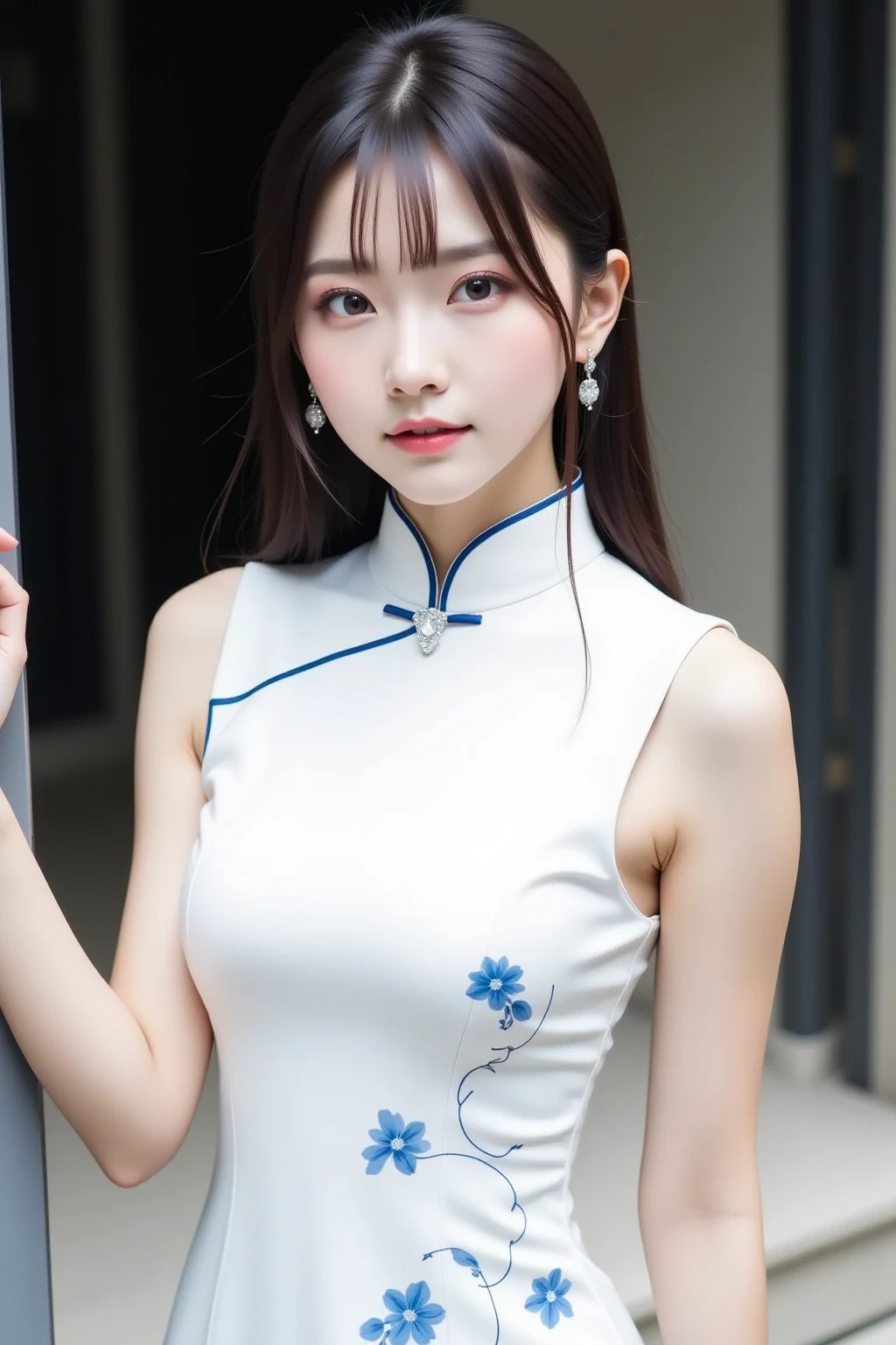 best quality, tmasterpiece,Ultra-high resolution,Clear face,（Reality：1.4），ferpect lighting，(upper body photo:1.3), (photorealistic:1.50), anime wallpaper, Guviz style artwork, cover-up fantasy up to magic , by Yang J, Guviz, beautiful artwork illustration, beautiful digital artwork, beautiful digital illustration, Li Song, beautiful anime portrait, art style in Beauvot,Yaodaoji, qinghuaci, 
1girl, 独奏, 
cheongsam, china dress, chinese clothes, 
ponytail, hair ornament, long hair, 
jewelry, earrings, 
looking at viewer, looking at viwer,
outdoors, nature, photo background, night,From at,