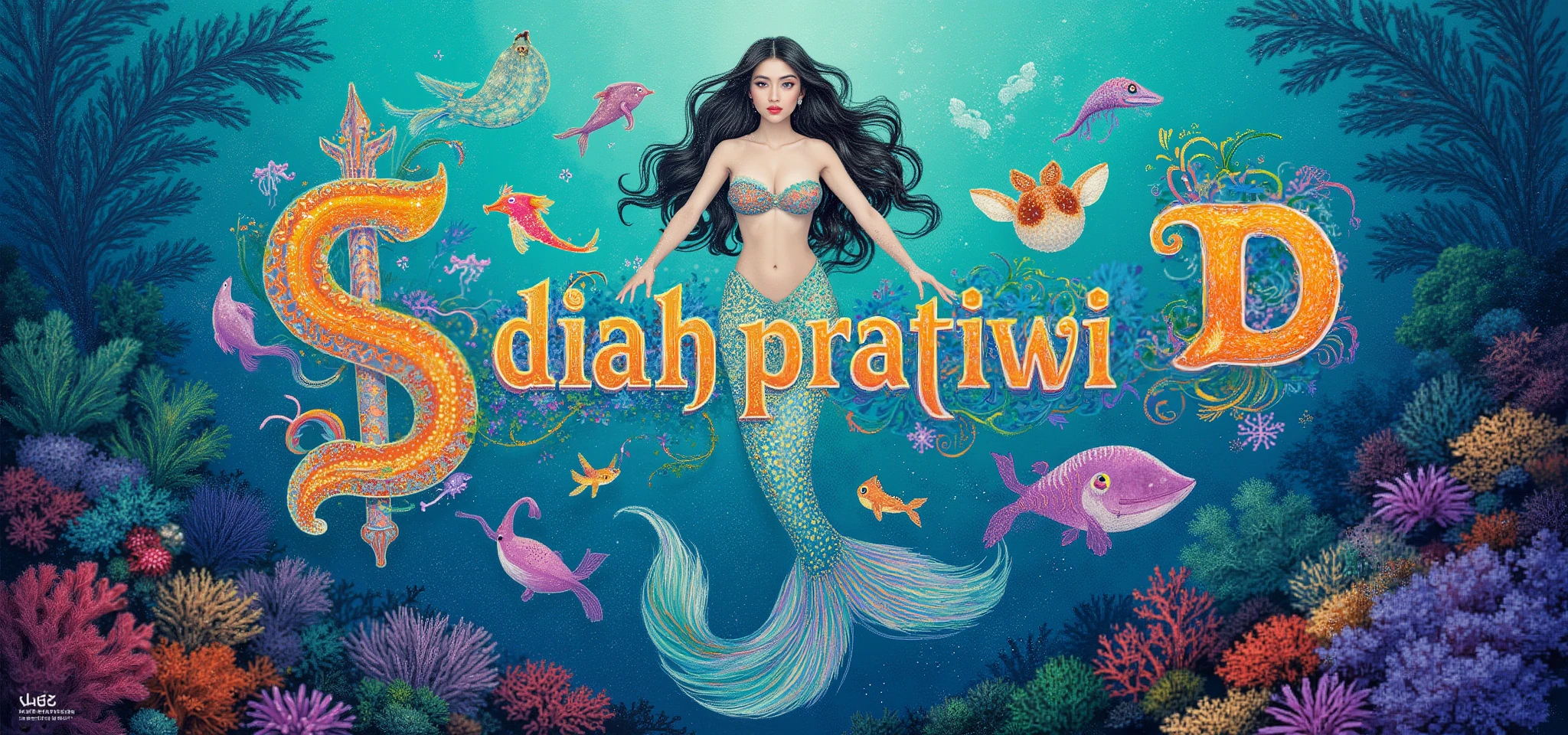 Logo. magical letter-shaped animals, fonts, beautiful mermaid on central holding text says "DiaH PratiWi". magical under ocean creatures.