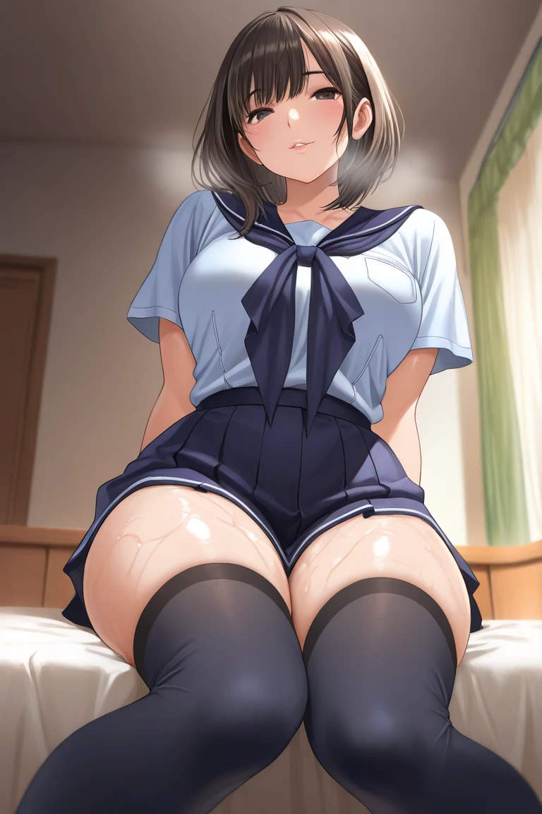 Hyper realistic super detailed  Hinata Hyūga, , Very detailed, expressions faciales ,  facial expressions, [:(Face detail: 1.4): 0.4], 16K resolution, 4k resolution, dinamic lighting, High definition resolution, ( pose, Position attrayante), (hyper realistic: 1.4), (back light: 1.2), (sun light: 1), (pleine hauteur: 1.8),(contrasting background: 1.5), ( of the hyperrealistic arm), (Hyperrealistic  of the legs), (peau propre), (lighting cinematic: 1.7), (intime), (Technologie NVIDIA RTX Ray Tracing), ( of the hyperrealistic arm: 2), (Ventre plat parfait), (image couleur),Hinata hyūga,(bangss),perfect glossy skin,flawless skin,((erotic,  and  explicit)),((accurate hands without incongruity)), large full ,  thin waist, Look at viewers,((a sailor suit)),((Short sleeve uniform white shirt)),(red necktie),(Blue Mini Pleated Skirt),(((skirt lift by yourself))),(lifted by self),(Showing panties),panties on,panties focus,((Sit up,spread )), sockes, (Black knee socks),(Loafer shoes), during daytime,On the train,Horizontal long seat with your back to the window