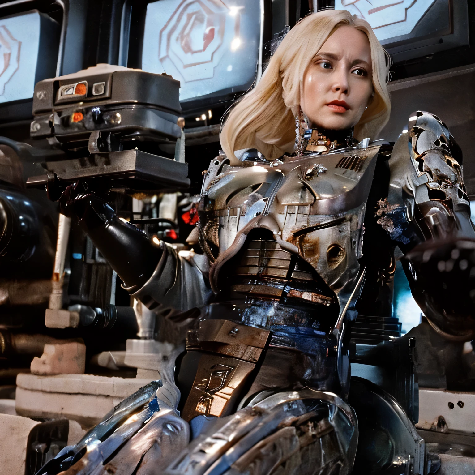Highest Quality、masterpiece、40-year-old beautiful white woman's RoboCop、blonde semi-long、 mechanical ears 、Tattered metal robot body stained with machine oil、Highly mechanical internal structure visible from destroyed body、Her whole body has been destroyed and damaged、large, glamorous breasts、Metal armor has large cracks due to destruction、her metal arms are also tattered and damaged、beautiful woman who is with machine oil, painfully agony, damaged and tattered、