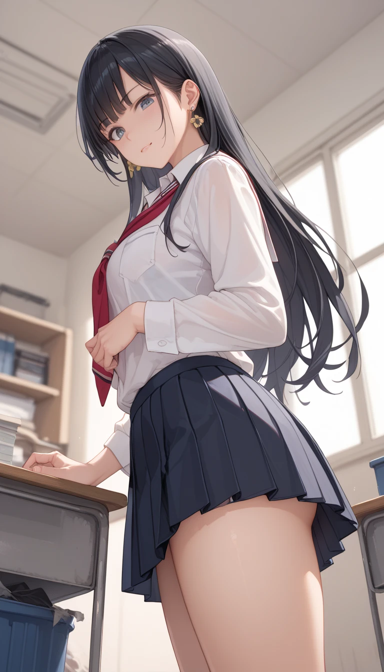 A 14-year-old middle school girl with long black hair wearing a school uniform who lifts up her skirt to reveal white .