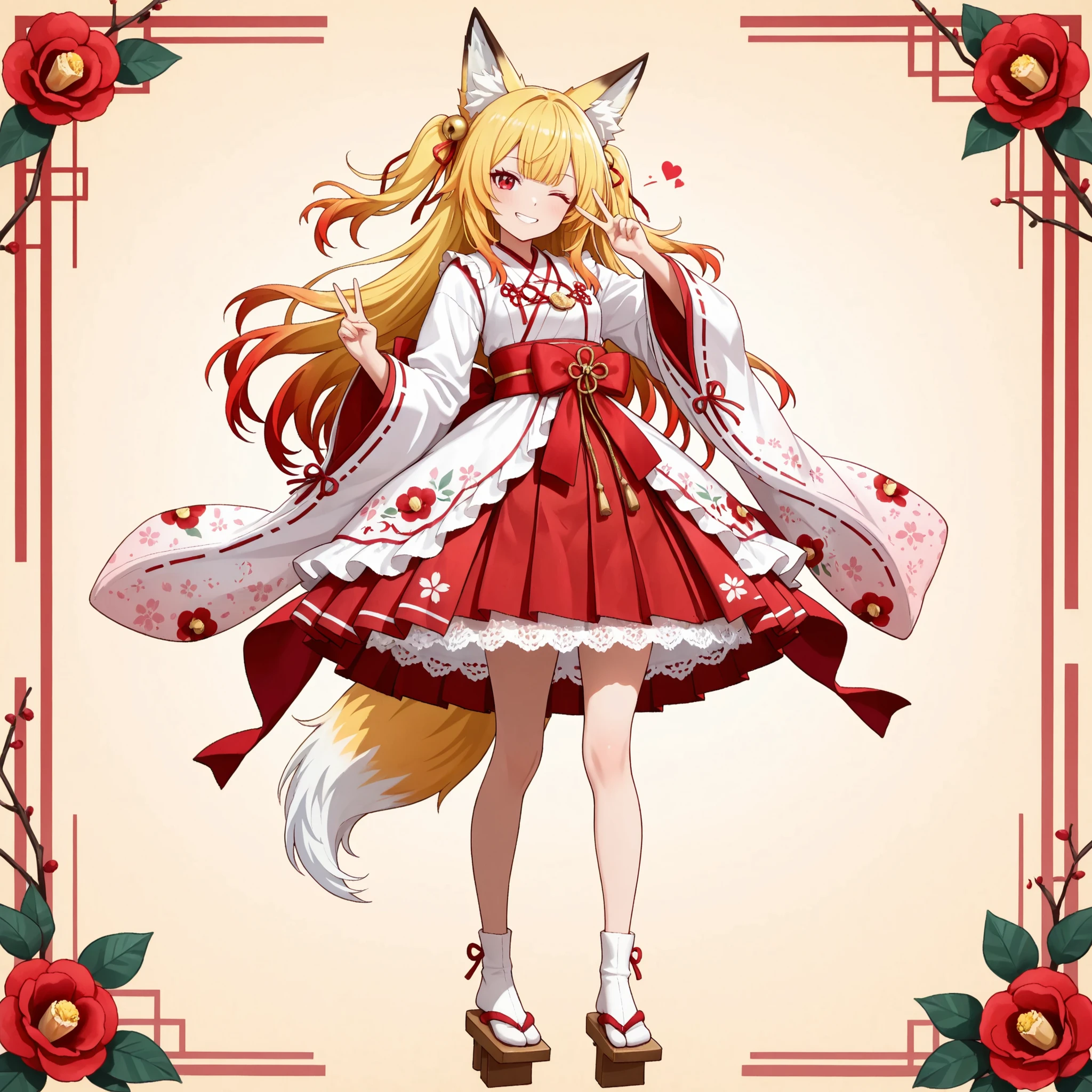 Anime style, anime face, high quality, masterpiece, best quality, ultra-detailed, finely detailed, sharp focus, 8k, highres, intricate details, beautiful lighting, full body,
younger appearance, young girl, fox ears with red tips, (gradient fox tail, white tail tip), turned-back hair, medium-long hair, yellow hair (yellow hair with red tips: 1.3), red eyes, medium bust, short height, mischievous smile, wink, peace sign,
red and white shrine maiden-style Lolita dress,
very wide and long sleeves with a delicate floral pattern,
large red ribbon with gold ornaments or bells on the chest,
red obi with a camellia pattern around the waist,
long layered red pleated skirt with white ruffles,
red ribbons in the hair and sleeves,
white legwear and geta,
very elaborate costume design,
traditional Japanese aesthetic combining ruffles and lace