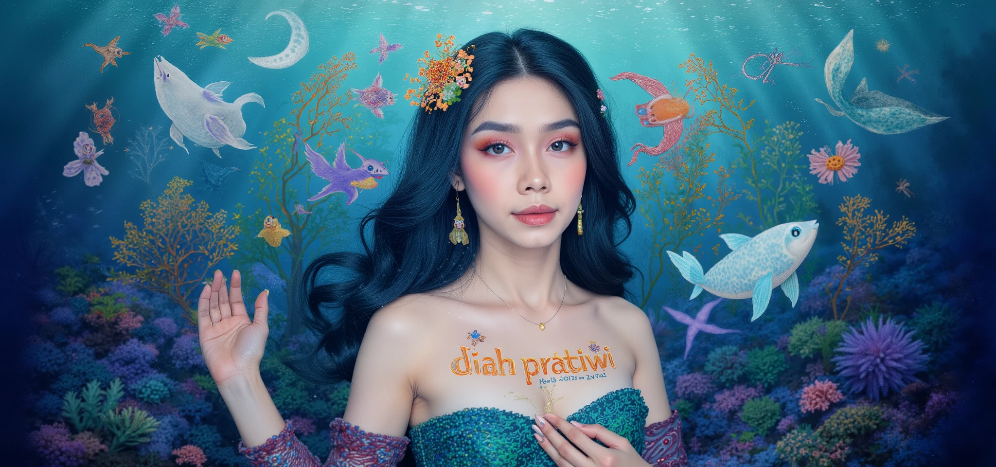 Logo. magical letter-shaped animals, fonts, beautiful close-up face mermaid on central holding text on her says "DiaH PratiWi" , auto correct detail words text. magical under ocean creatures.