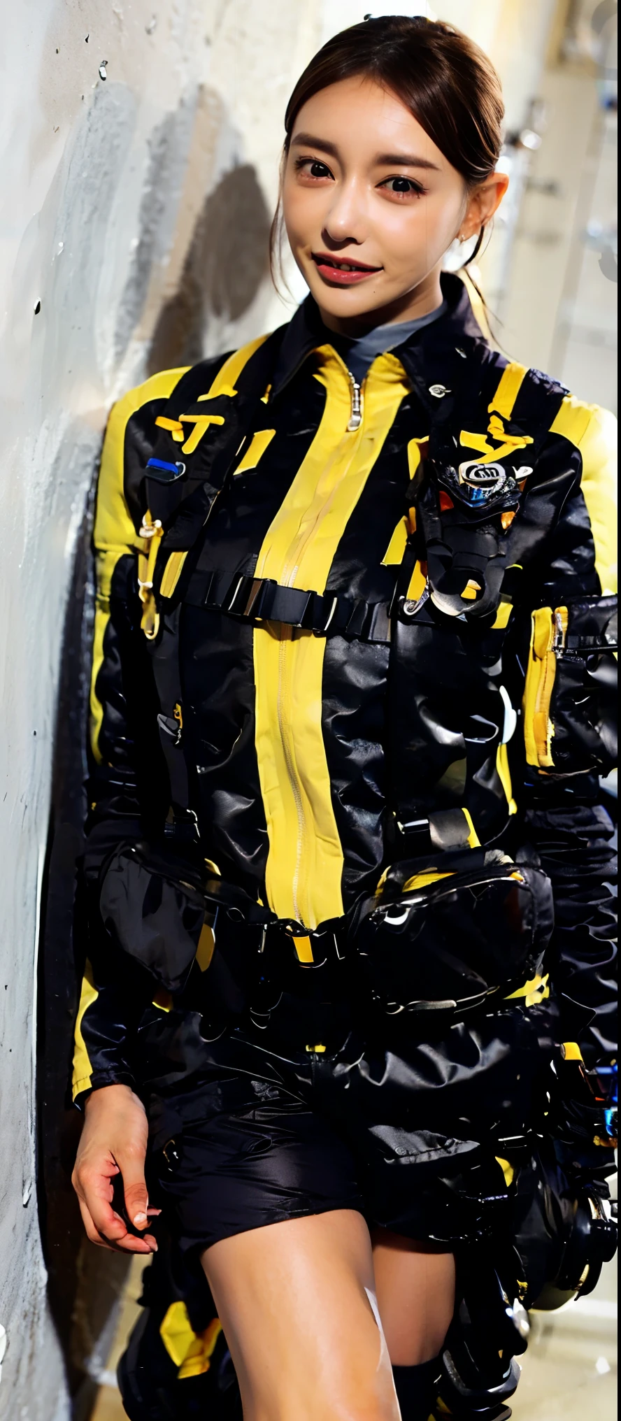 ( Very realistic ), ( Highest Quality), ((round, SMALL AND PRECISE FACE )),short shorts,Black Gloves,黒 shorts, boots,jacket,shorts, dark hair ,big breasts,Adult Female , The clothes are perfect for that figure ,beautiful skin ,My nose is small,thin eyebrows