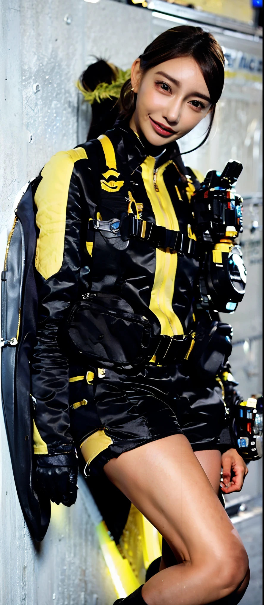 ( Very realistic ), ( Highest Quality), ((round, SMALL AND PRECISE FACE )),short shorts,Black Gloves,黒 shorts, boots,jacket,shorts, dark hair ,big breasts,Adult Female , The clothes are perfect for that figure ,beautiful skin ,My nose is small,thin eyebrows