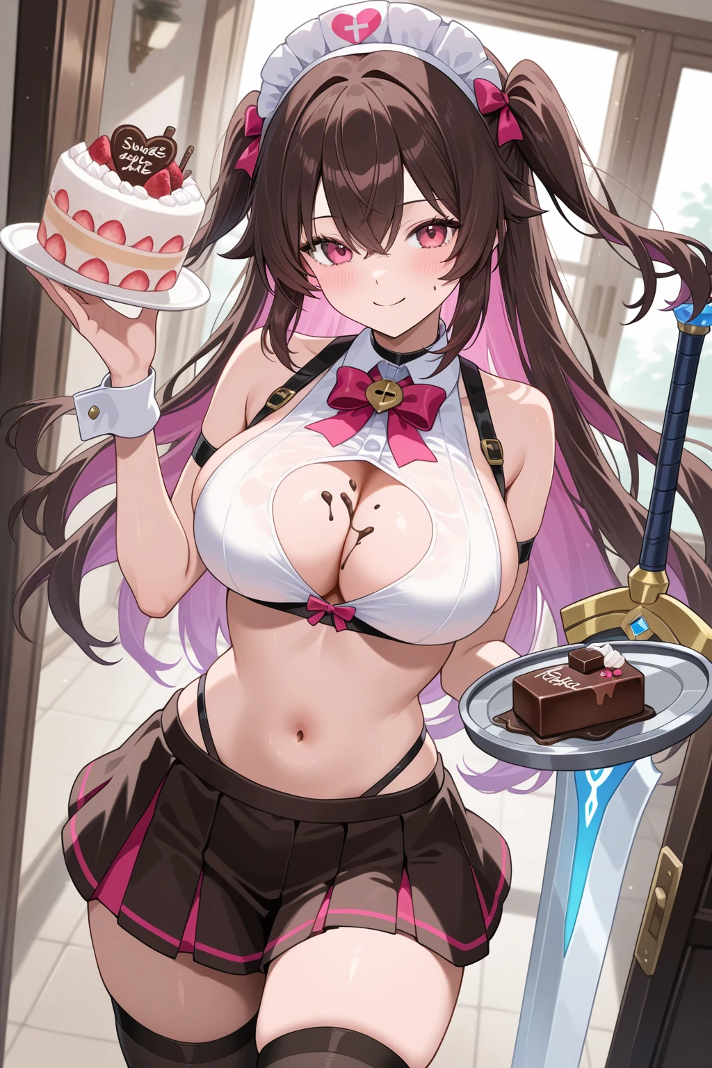 1 girl, small nose, very beautiful detailed face and eyes, bright colors, cute face, delicate beautiful face, Bright magenta eyes, cute eyes, sparkling eyes, Big eyes, (:1.3), (perky :1.1), (pointed :1.0), (cake magazine cover:1.3)，highest quality, WorKs of masters, High resolution,BlacK color hair，shiny hair, side ponytail,hair between eyes,bangs, (black jacket, real clothes, cleavage, black skirts, black thighhighs, thigh strap, fingerless gloves, single glove:1.2) , , panties shot, medium , glamorous body, white skin, smile, thin pubric hair, super beautiful face, Super beautiful eyes, Super beautiful hair，trendy outfit， and attractive,full body esbian, Real World, Natural light,perfect Natural light,(with sparkling eyes and a contagious smile), This masterpiece is not only visually stunning but also tells,  make of cake cooking , in the kitchen, open mouth, looking at viewer,
