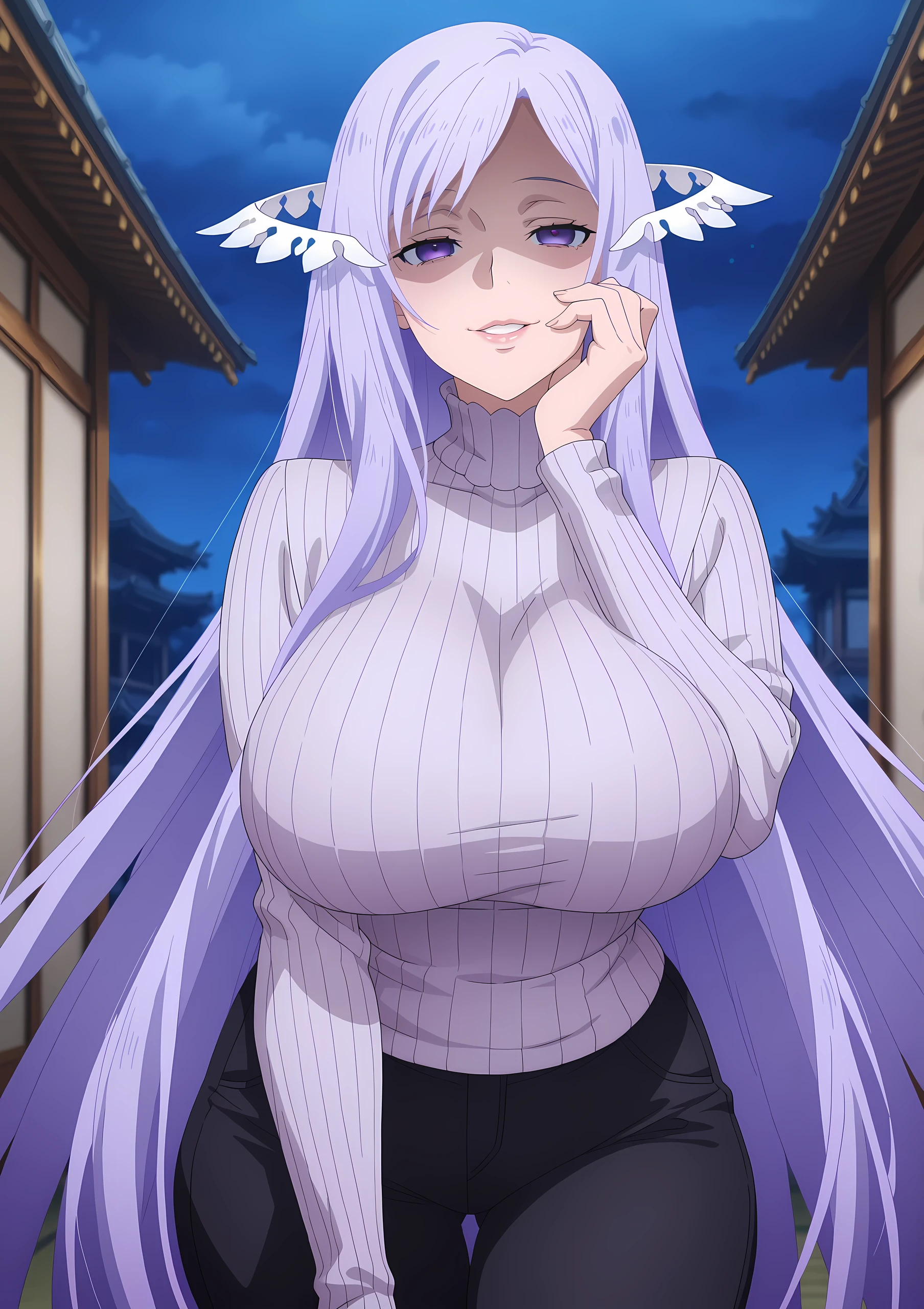 anime screencap, masterpiece, best quality, quinella, 1girl, Mature Female, Milf, Motherly, long hair, light purple hair, purple eyes, yandere trance, ractical body shape, glamorous bodies, attractive bodies, large Curvy, Slutty, Neat, big breast, thick thighs, ((turtleneck sweater, black pants,)), crazy smile , crazy, Lips, Yandere, hands flattered, Lips, view detailed body, (((Sexy,))), creepy east asian architecture, night,