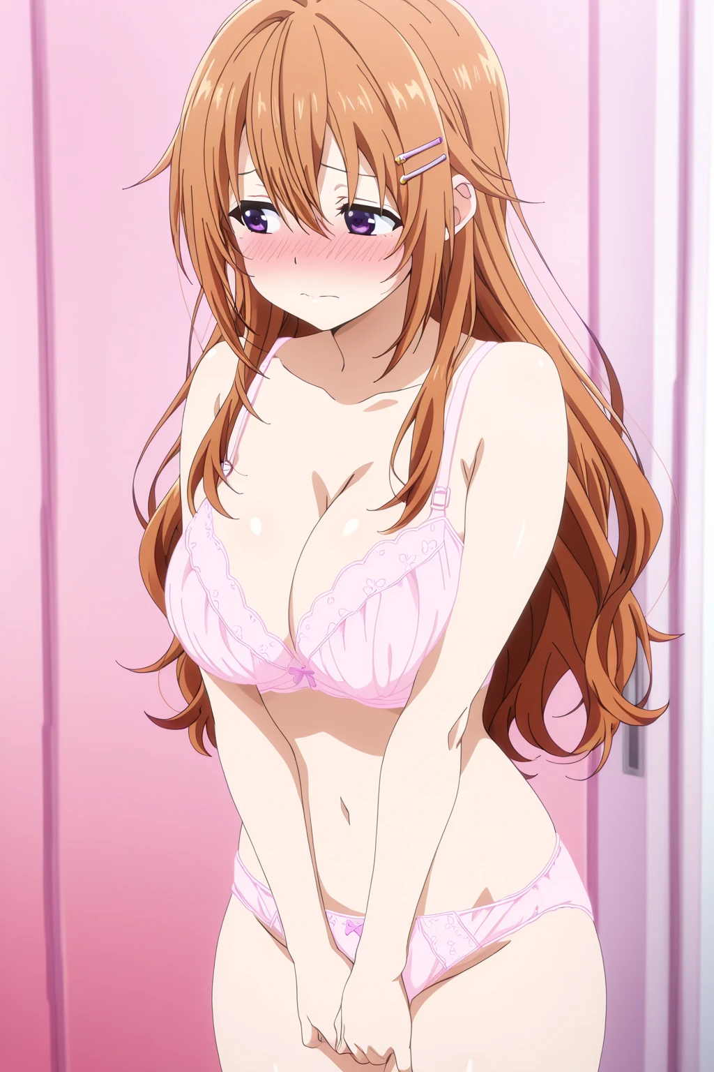 Leona, ginger blonde hair, long hair, brown eyes, sexy pink bra, sexy pink panties, in the bedroom<lora:EMS-335570-EMS:0.600000>