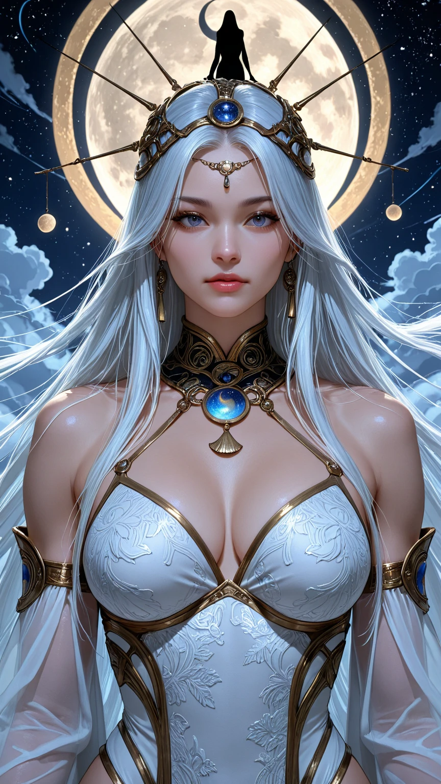 Glowing eyes，zentangle, mandala, tangle, entangle,(1girl:1.3),cowboy shot,from below,{Extremely Delicate and Beautiful},dark Style,White Hair,evil Smile,green|blue Eyes,,Holding flowers,(((masterpiece))),(((best quality))),((ultra-detailed)),(illustration),(detailed light),((an extremely delicate and beautiful)),dramatic_shadow,ray_tracing,shiny skin,huge tits,wide hips,cloud,starry sky,white dress,halo,armor,cute face,pretty girl,