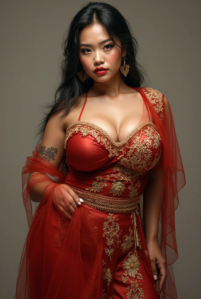 photorealistic,fullbody shot,cinematic shot, studio lighting, shot Phase One, ISO 100, natural lighting , sharpen , lightroom, fine art photography, hyperdetailed, highly detailed, 8 k, sharp details on face, photography, woman, java wedding mature woman in black kebaya dress traditional and batik skirt, looking at viewer, jewerly and hair on hair, red lipstick, golden necklace, earrings, ornate, detail, flowers, blurry background, soft focus (curvy body) (chubby MATURE)