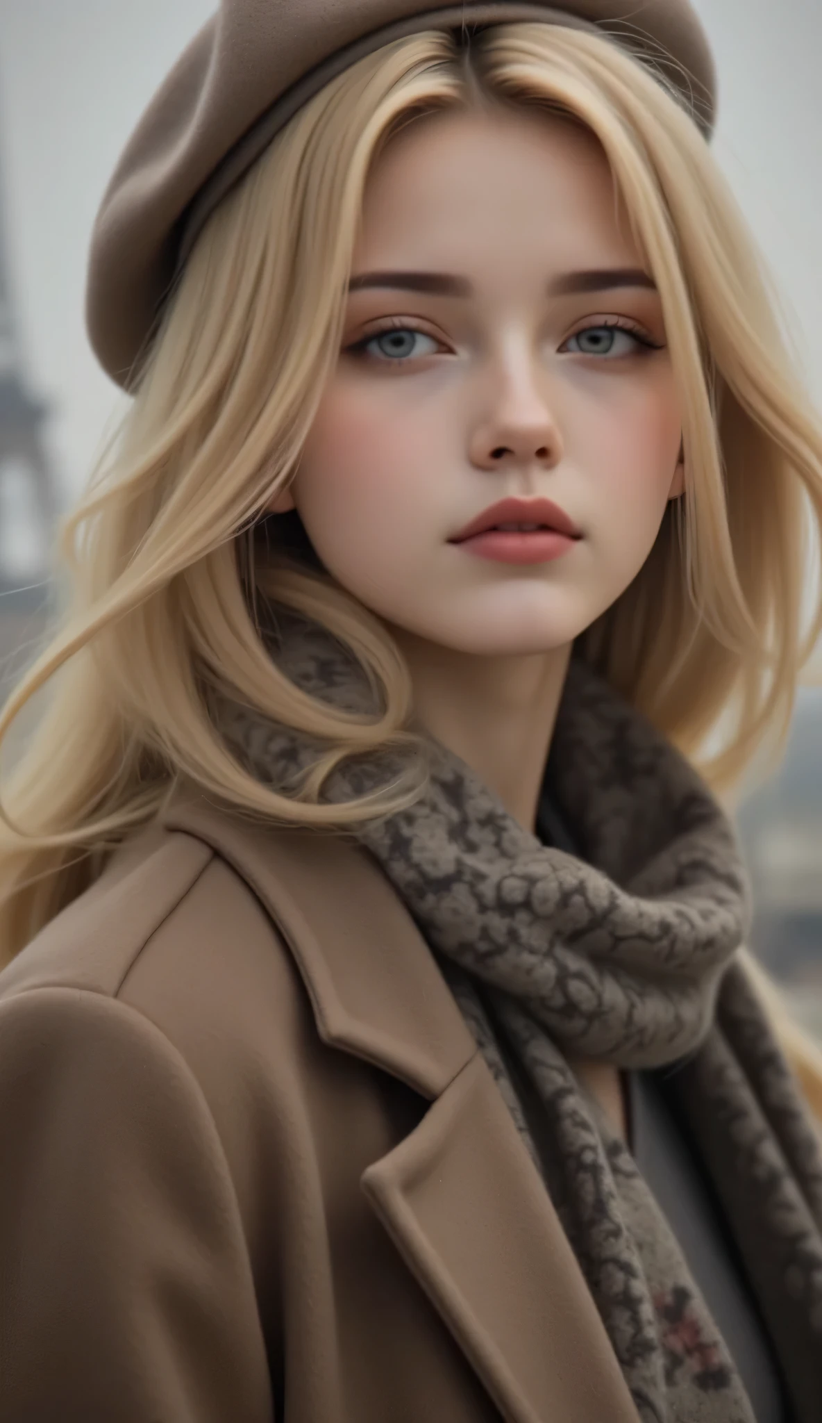 realistic,photorealism,a blond haired woman in an oversized wool coat with a structured Parisian beret, designed in an elegant mid-century French cinema aesthetic, captured with a foggy backdrop and soft cinematic depth, featuring a dreamy and atmospheric fashion essence. 