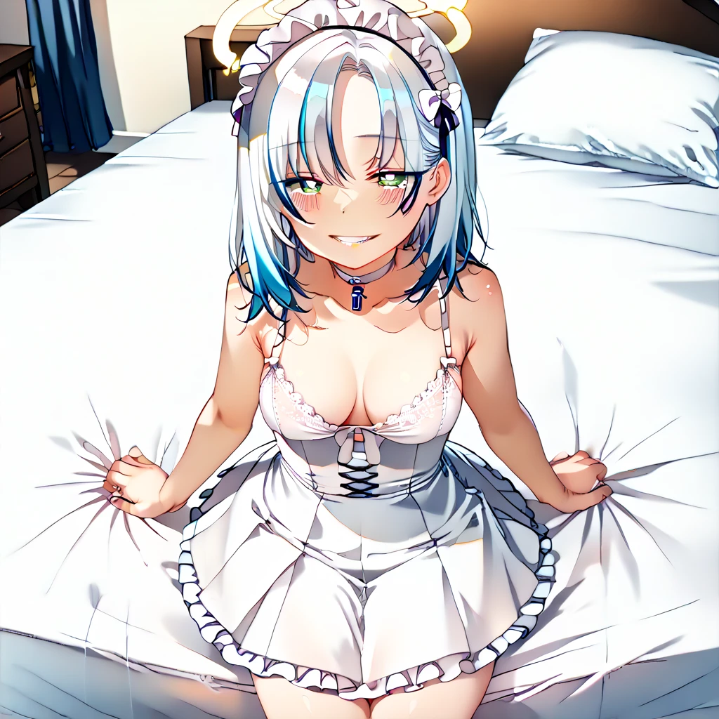 A girl，short hair, bangs, White hair, Hair between the eyes, Purple Eyes:（1.5),  (?????????????:1.2), 
rest clavicle, Wedding dress，Veil，wedding，White dress，Flowers，Broken skirt，White socks，Tights，White knee socks，
looking at viewer, whole body,
indoors, church，Standing，Standing，
rest (masterpiece:1.2), best quality, high resolution, Unity 8k Wallpaper, (illustration:0.8), (Beautiful and delicate eyes:1.6), Extremely detailed face, Perfect lighting, Extremely detailed CG, (Perfect hands, Perfect anatomical structure),