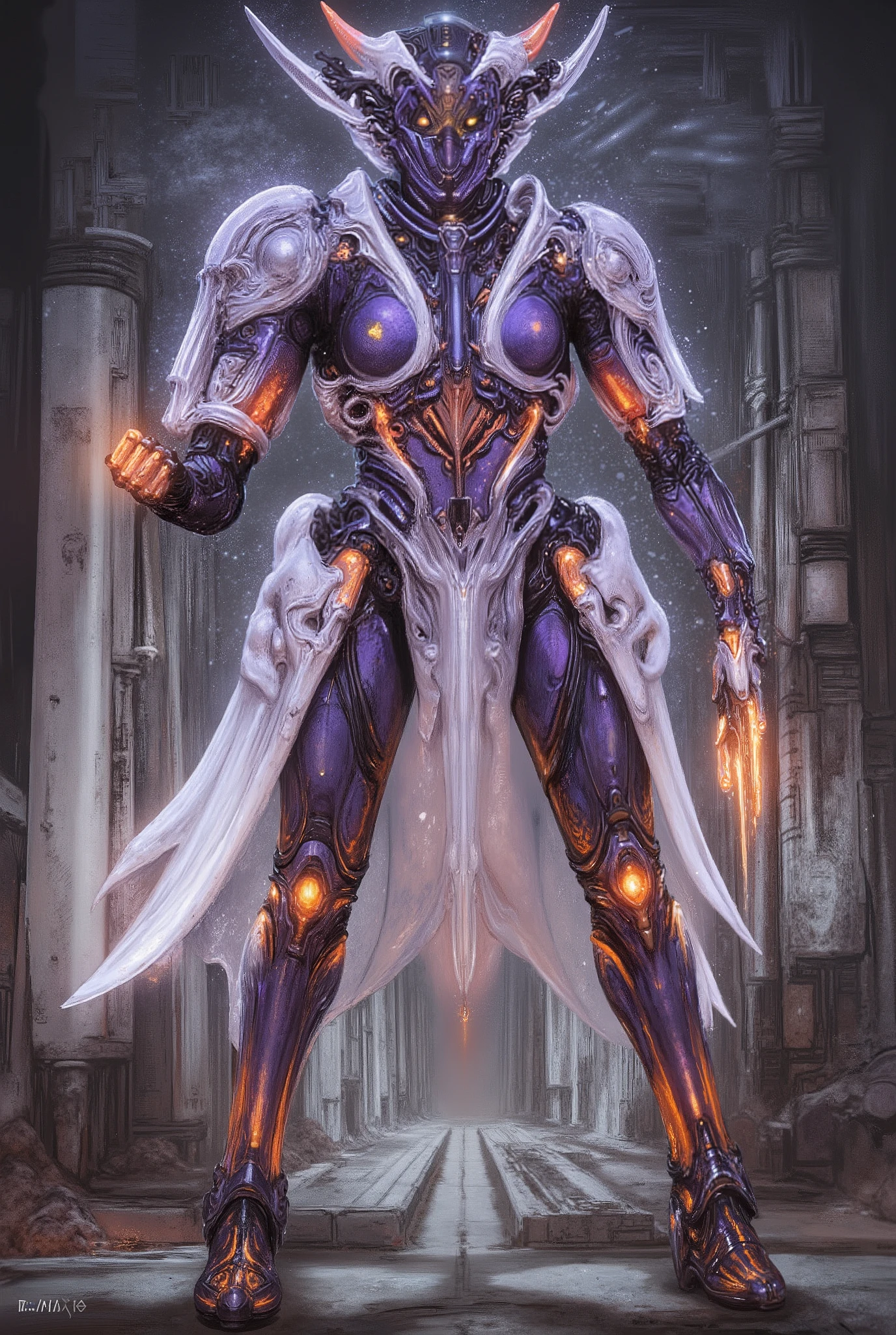 (Masterpiece:1.2), best quality, high resolution, Unity 8K Wallpaper, (super real illustration:1.0), Beautiful Details, very detailed on trends, perfect lighting, neon colored, very detailed on trends CG, Shine eyes, backlit, armor, Shine, full_armor, warframe, stunning humanoid_robot lady, tall, (Martial arts fighting pose:1.5), mask ,sample_background, arms, scary monsters, iridescent purple and orange and matt white_armor, Audience, alone, perspective, Anatomical accuracy, bold composition, cool fighting pose, Burning Fist, Exudes an aura