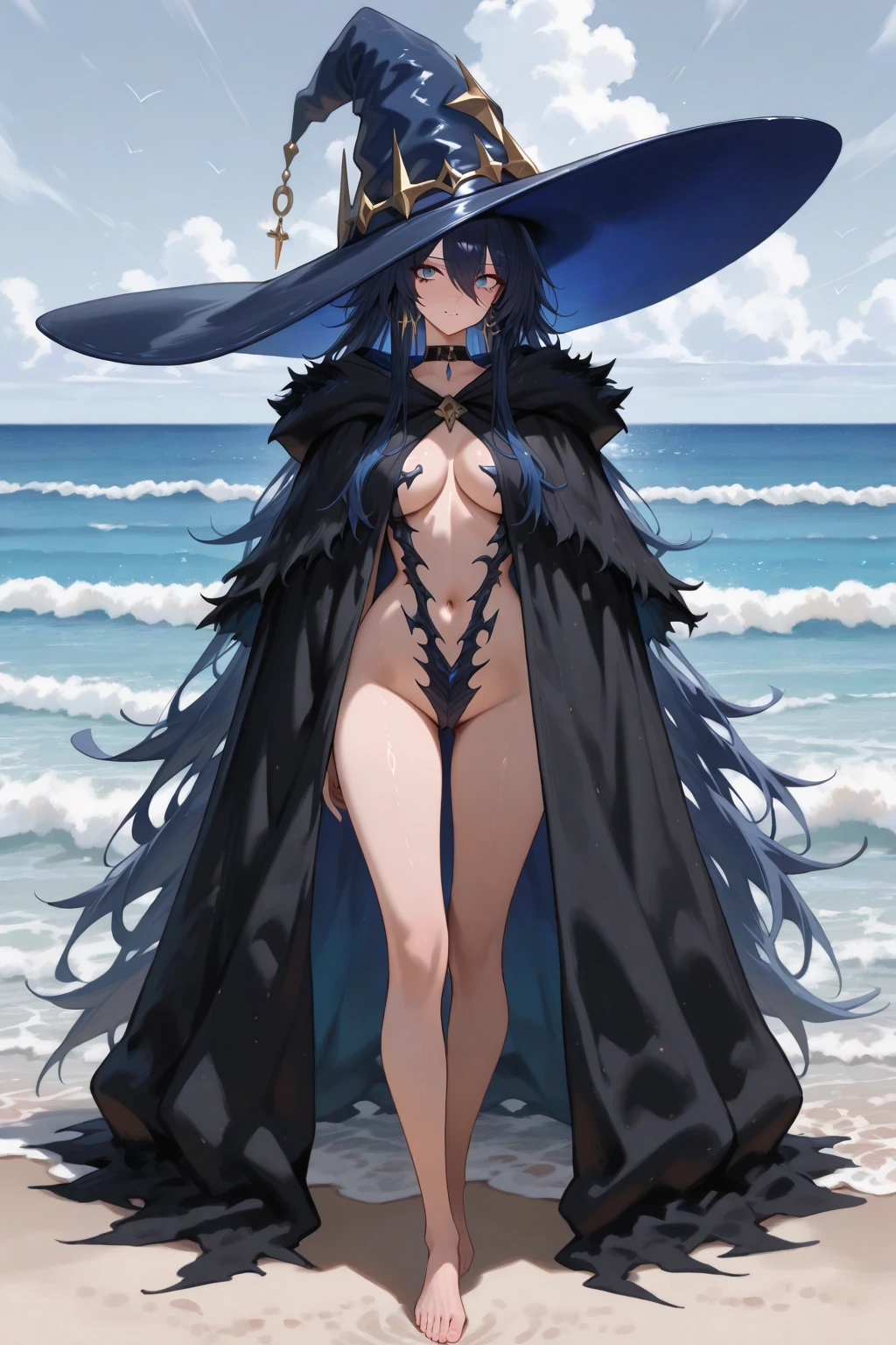 A girl stands in a hot spring with a view of the night view of Lake Suwa late at night、She has a short bob with a white lob of hair and wears a large black witch hat with sapphire jewelry.、A high school student wearing a navy blue ?????? with a white ribbon on her ?????.、She wears a large witch's hat with a small sapphire accessory、A few star creams、Beautiful starry sky、Beautiful night view、large witch's hat 、Navy blue ?????? pants that dig into your stomach、Small ???????、A cup ???????、紺色のFull cup ?????? topには白いフリルが付いています、Small ???????、Full cup ?????? top、Slightly bulging ???????、Not ???????????、