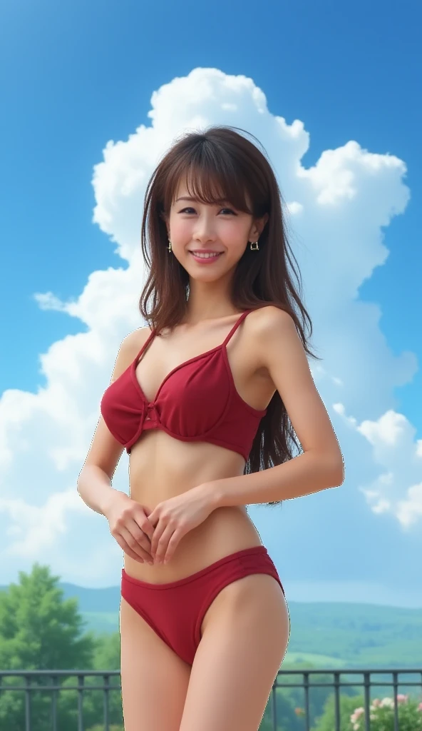 a beautiful asian  woman with red lips, dancing happily in a field of flowers. She is wearing a Red Micro , G String , Big , Curve Hourglass Body, Red High Heels Her long black hair is blowing in the wind and she has a smile on her face. The background is a meadow with green grass and flowers of all different colors. The sky is blue with white clouds. The image is peaceful and serene and captures the beauty of nature and the joy of life.