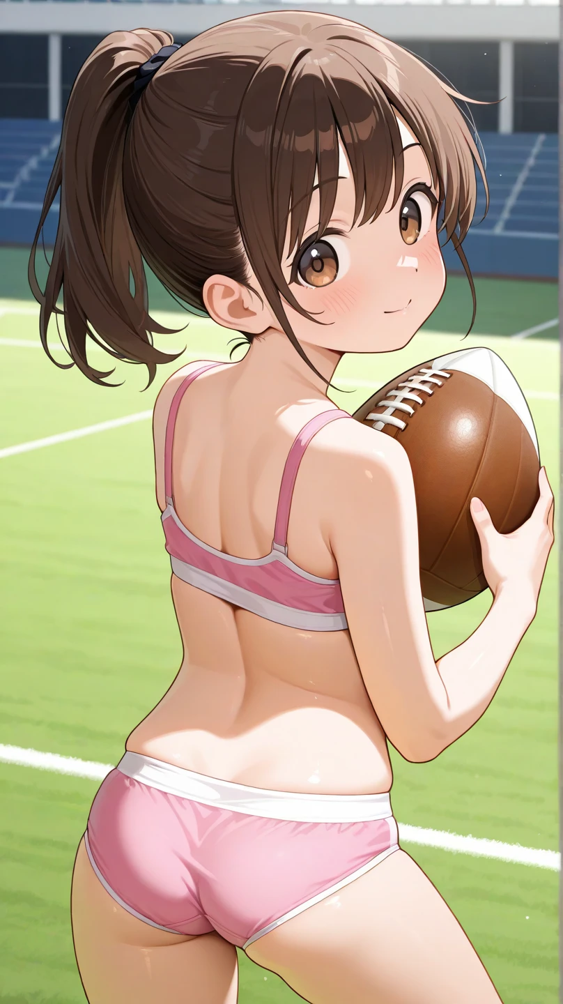 (highest quality, masterpiece:), ultra-high resolution, daytime, sunny, inside stadium, Korean gravure model, 24 years old, tight, back shot:1.5, looking back over the shoulder:1.5, wearing pink color football uniform, high leg, ????????????????, puffy ??????:1.4, skinny, bangs, long hair, brown hair, ponytail, choppy hair, unkempt hair:1.2, gorgeous earrings, beauty, embarrassed, blush:1.3, mature woman,