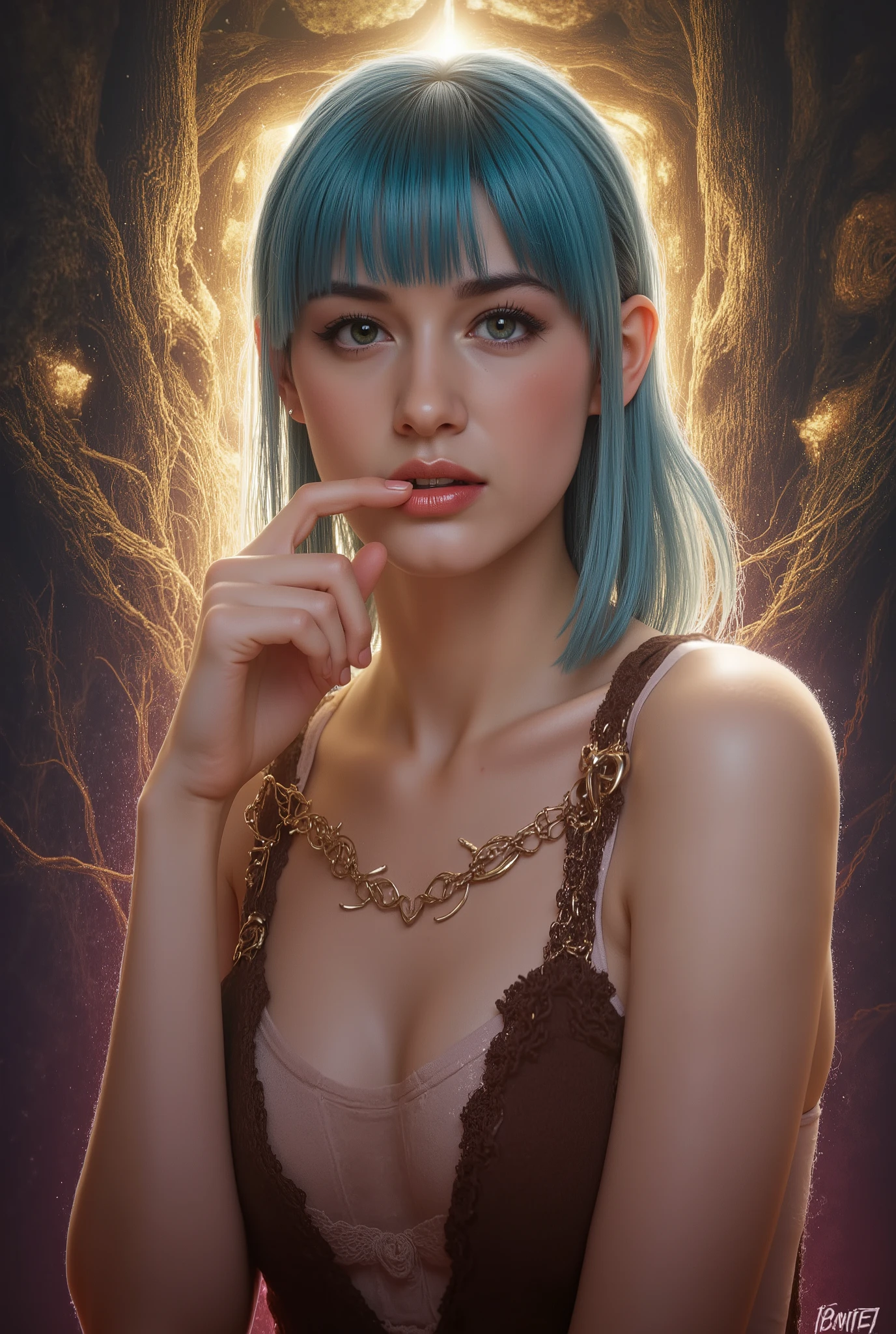 masterpiece,Highest Quality,very detailed,,1girl, She's Biting Her finger, Seraphina_tailor,short cian hair,Sharp Cheekbones ,Tan skin ,big boobs,detailed facial features,realistic skin texture,Classy expression ,Confident Postures,mystical background,Fantasy Forest Environments ,Shining Magical Aura,warm lighting,Digital Painting,4K,8k,high resolution,PHOTOREALISTIC,Physically Based Rendering,Brilliant Colors,Dramatic Lighting