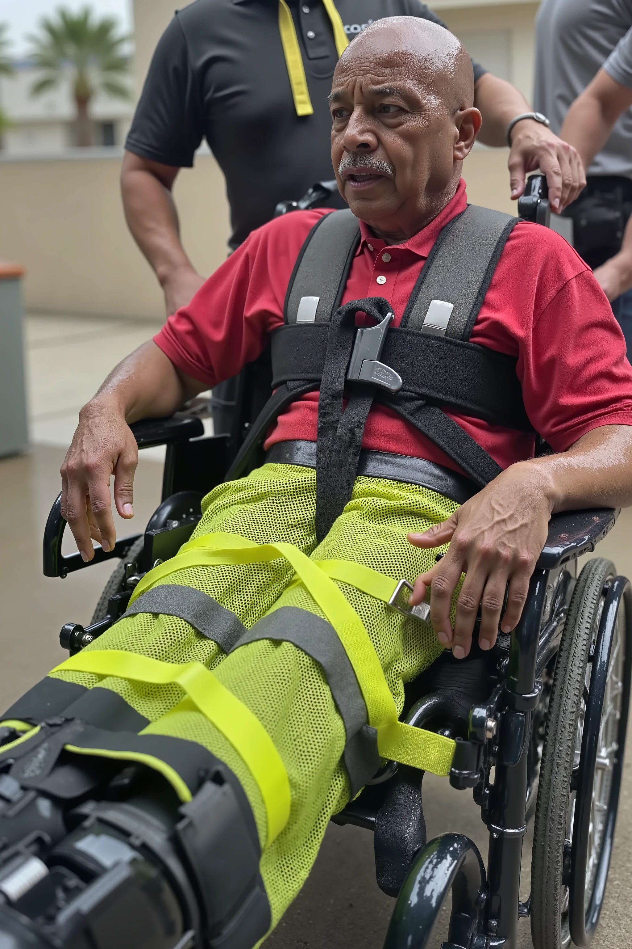 water_droplet_effect,a 82 year old elderly wrinkled bald black man is in a reclining wheelchair, his legs are elevated, he is heavily restrained, the man wears a yellow nylon mesh wraprestr around his legs with bright green vinyl straps that enclose his legs tightly, he wears a black and gray vinyl padded wheelchair harness, he wears a dark red latex polished shirt, he wears black rubber pants with yellow stripes on them, he is sitting outside of a hospital, it is raining lightly, clothing has a light sheen of wetness, his face has heavy sweat