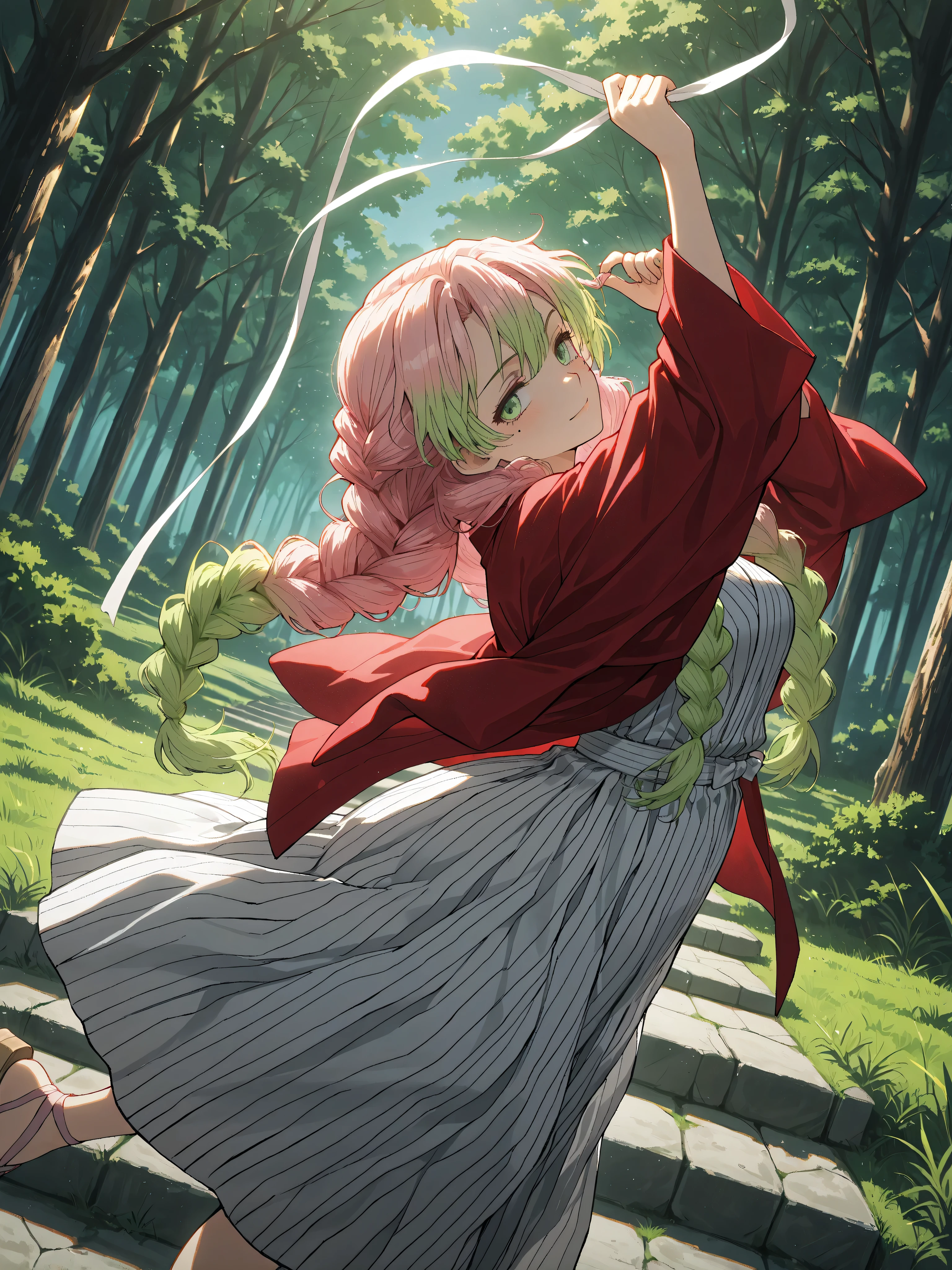 ((Masterpiece), (Highest Quality), (High Score), (High Resolution),(4k),),

((fantasy),(Summer)、(outdoors),1girl,,solo,),

(,(Medieval Japan, deep in the mountains, (many stone sagoda),, forest, stone steps,grass patch),,,(ballerina, ballet dance scene),,,,BREAK,(Anatomically accurate structure:1.4),),

(((Gentle breeze), (grass swaying in the wind),,BREAK,(game cg), (Hair flowing in the wind), (hairdetailer:1.5),))

((mature woman,m1tsur1kanr0j1, pink hair, braid, long hair, green eyes, mole under eye, [(gradient hair from pink to light green:1.4)0.6],Red haori, white yukata, striped yukata, geta,(busty),(Athletic),(short height),(medium hip:1.9),),((Serious face, seriously),half-closed eyes,)((jump),:1.4),(arm up:1.3),(head up:1.3),(arched back:1.2),[sideways glance:],[cowboy shot:],[from side:0.7],[dutch angle],,BREAK,(her hand grabs one ribbon, very long ribbon, a white ribbon),)(dancing, dancing, stepping, twirling),),
