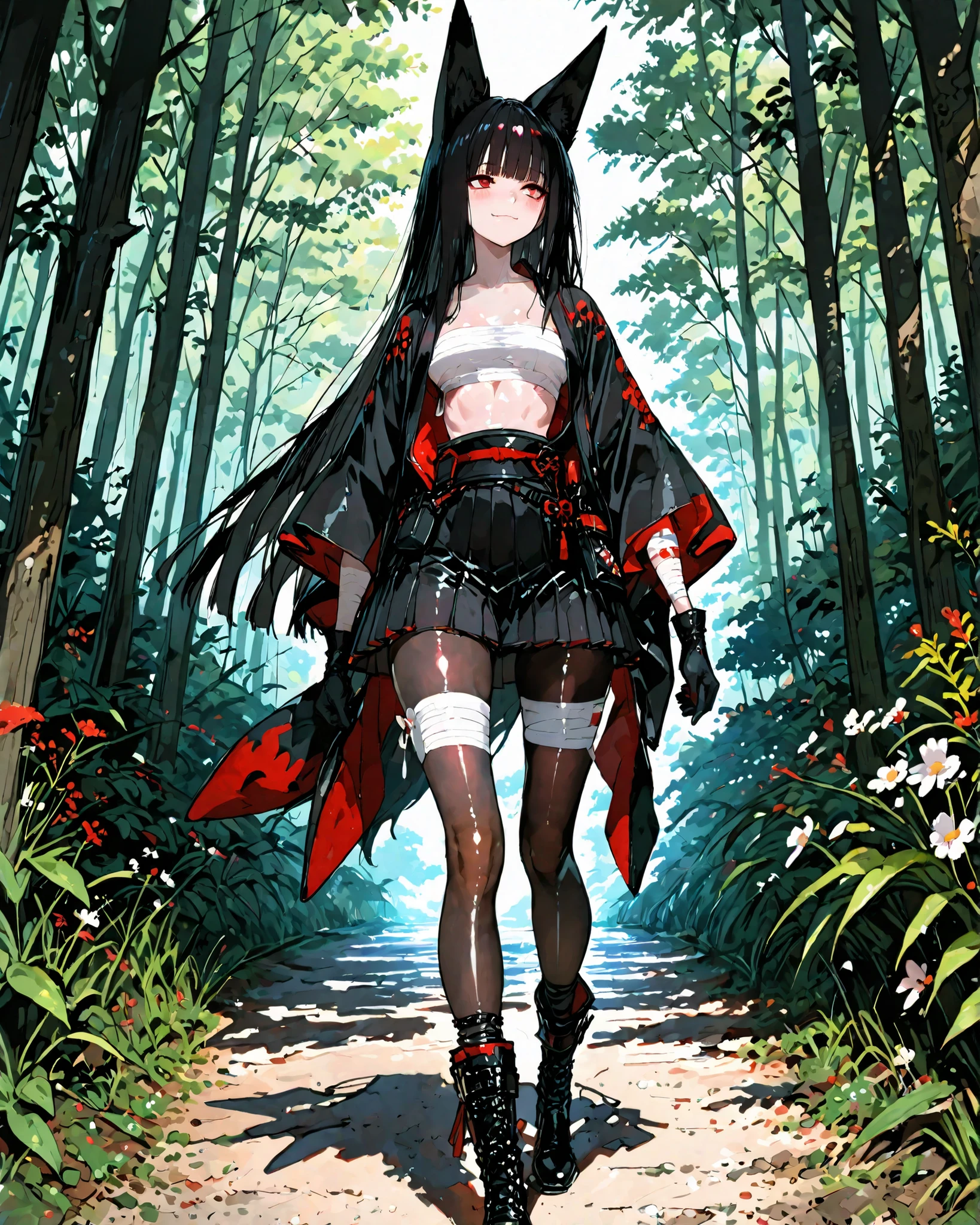masterpiece, best quality, ultra-detailed, perfect anatomy,
748cmstyle,
fox ears, red eyes, (detailed eyes:1.2), (sharp eyes:1.1), long black hair, blunt bangs, white sarashi top, black japanese open clothes, (smooth skin:1.1), (shiny skin:1.2), black pleated mini skirt, bandaged arm, black gloves, bandaged leg, black pantyhose, black boots footwear,
walking,
full body, looking afar, solo, 1girl,
outdoors, nature, spring,
light smile, closed mouth, light blush,