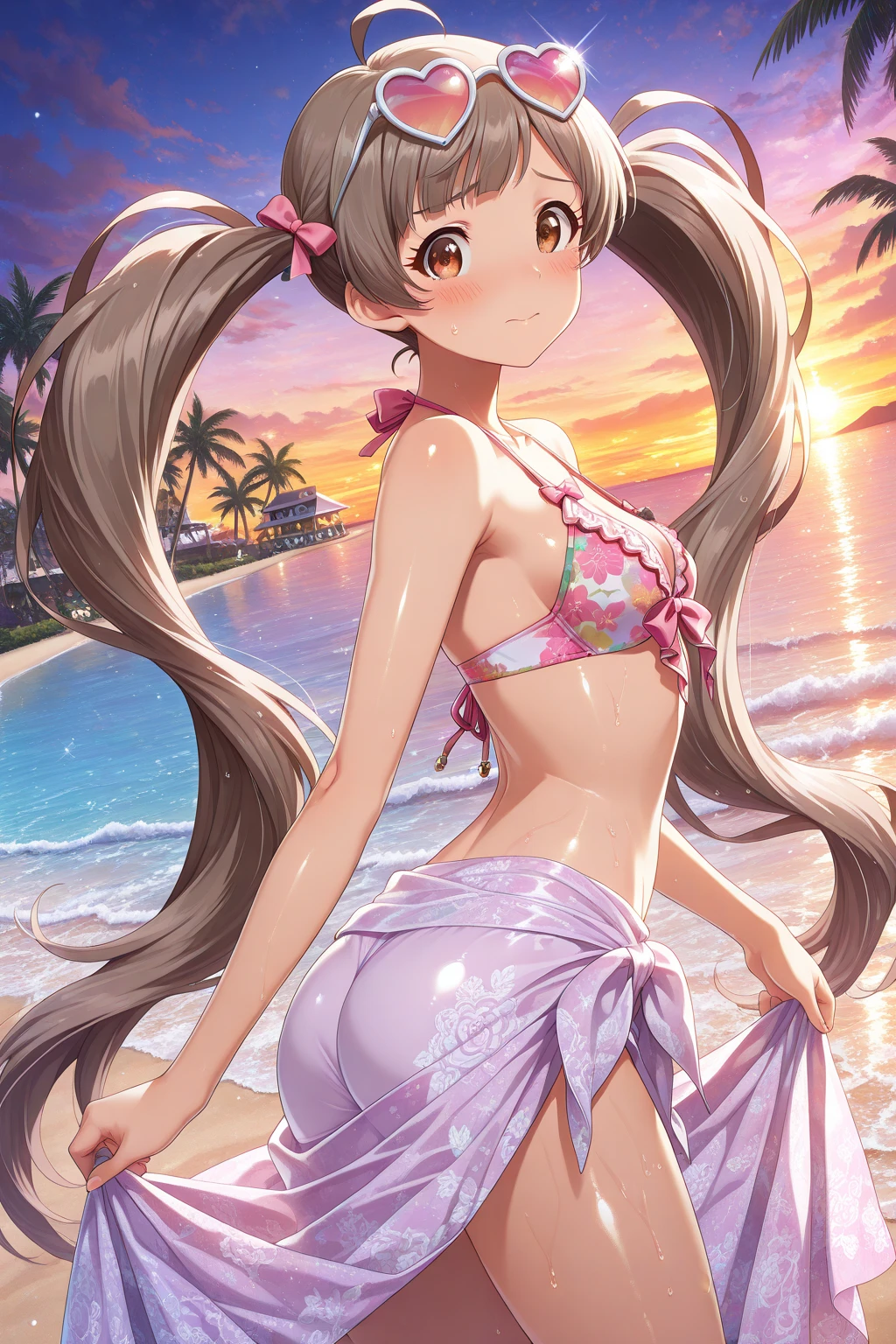 (cowboy shot), (ultra-high resolution, depth of field:1.2), 1woman, medium breasts, (tan skin:1.4), brown eyes, (long straight black hair), ponytail, bangs, off-shoulder bikini, light pink bikini, light blue chocker, (light blue stripes), tight strap, gentle smile, pool, sunset