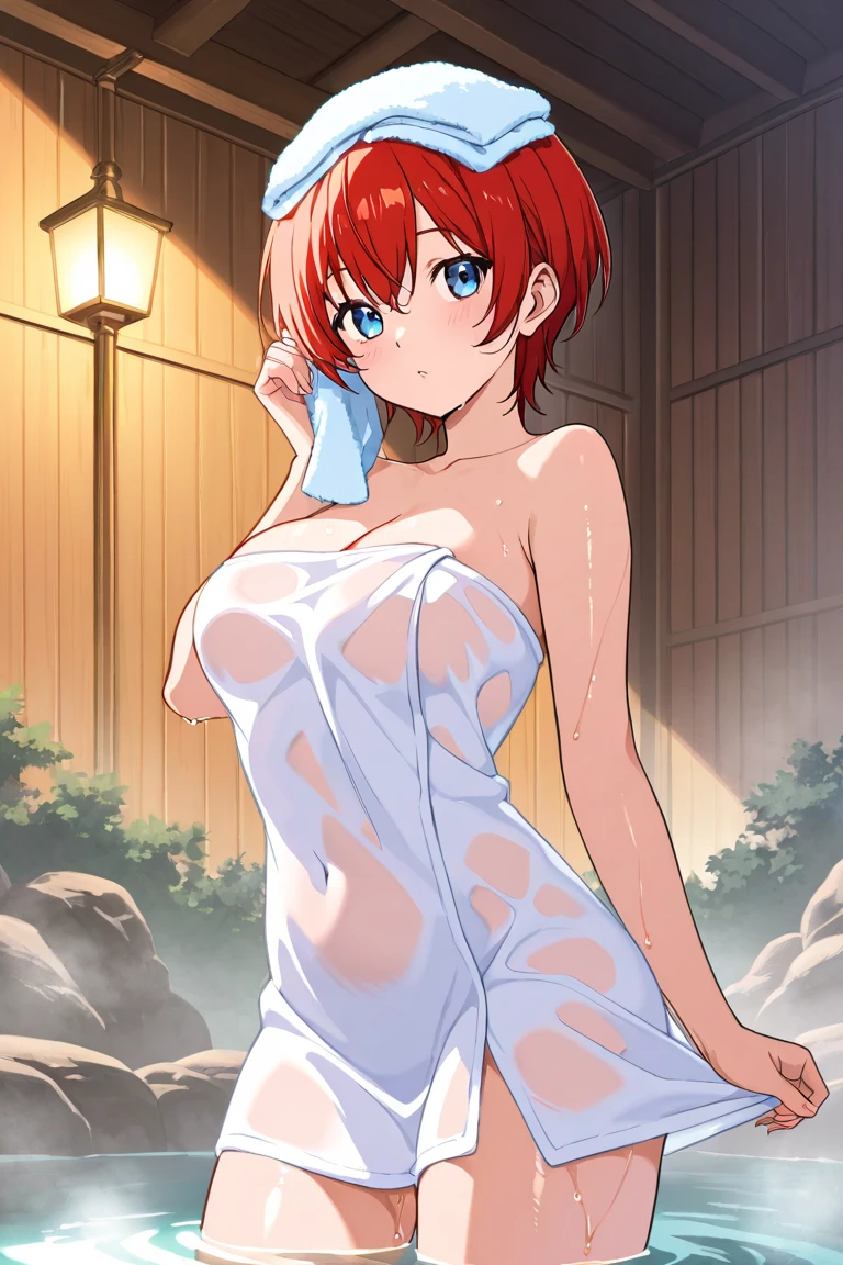 masterpiece, best quality, from side, Hoshizora rin, orange hair, yellow eyes,a girl standing under shower, ass,,wet, ,cowboy shot