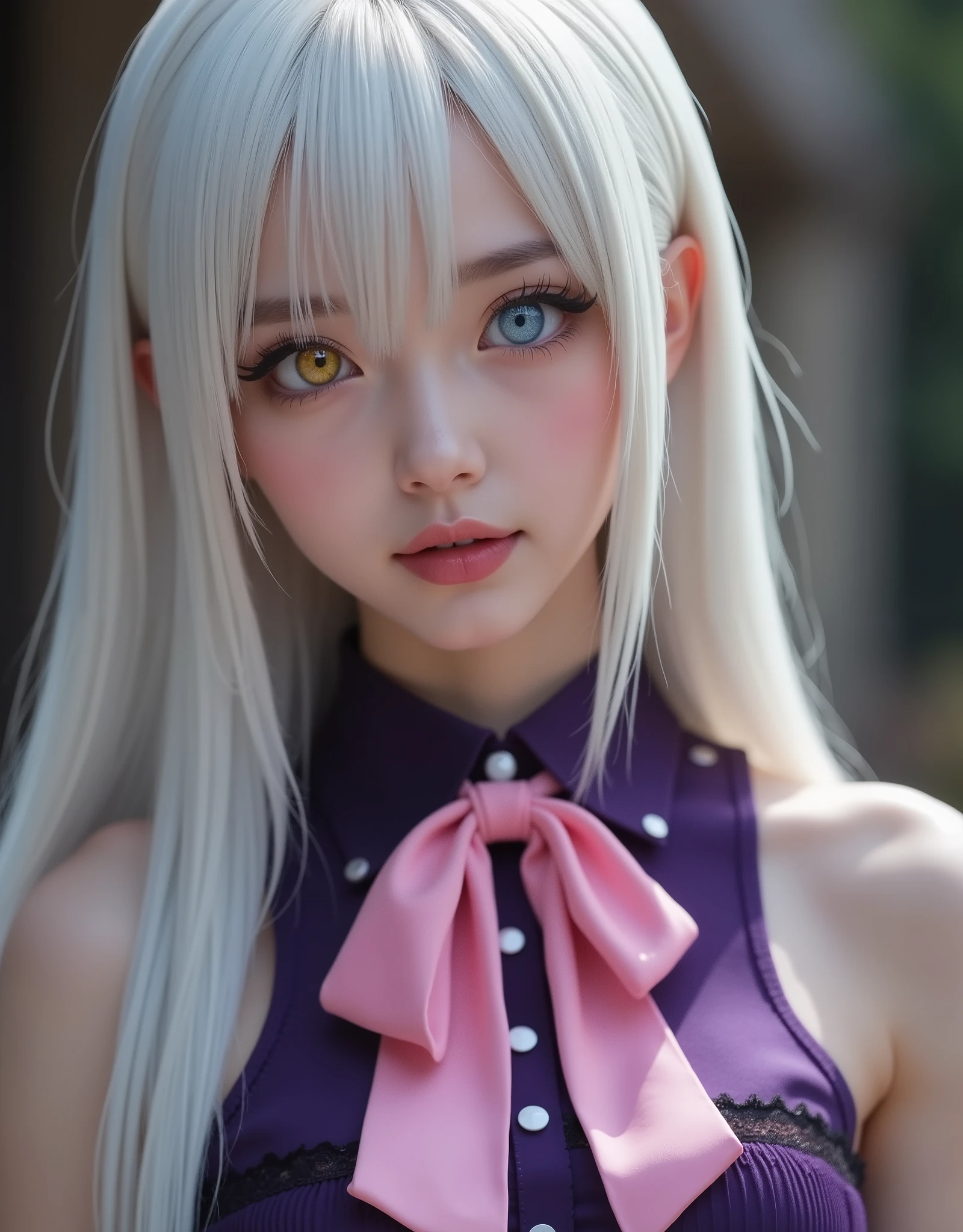 close up (hyperrealistic) Elizabeth Liones' Seven Deadly Sins,((white hair)),ultra-detailed eyes with ((heterochromia)) yellow gold and blue,emphasized bust,her outfit is a tight sleeveless dark purple shirt with its back exposed with white buttons,Wear a (pink bow tie),He wears his ((bare shoulders)),(RAW photo),(photorealistic),(Masterpiece),(high quality),(definition 8k ),(ultra detailed),estilo hyperrealistic,fantasy background,cinematic lighting