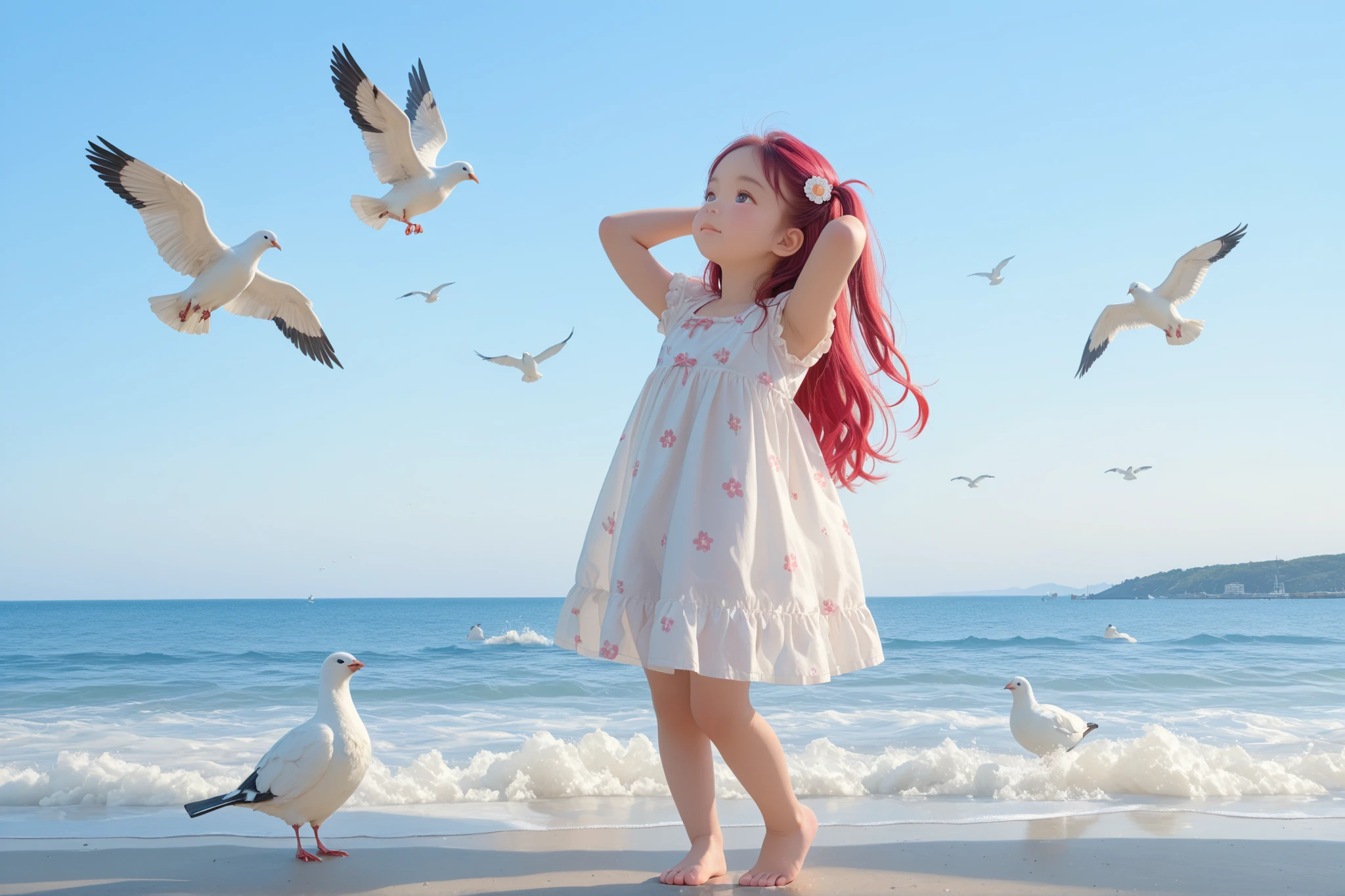 ultra sharp, 8k, Canon R5, 85mm f/1.2 lenses, Clean Exposure, Cinematic depth of field. outdoor, Paolo Peregrin's enigmatic atmosphere and Roger Deakins' moody lighting. young girl, (long reddish-purple red crimson long hair) ツインテールヘアー, arms behind head, look up, (baby-like face) (infant body shape) (short limbs) (wearing white silk blouse) full body (((lots of white birds flying around the blue sky and sea space))) (lots of white doves flying around) (A bird crosses in front of the girl) floral hair ornament, dramatic low key lighting. Ritualistic. mysterious, shallow depth of field. mysterious魅力, form below, half side view, low angle. full body. barefoot,
BREAK,
(最高品質, 8k,32K,傑作, 超高解像度:1.2),非常に詳細なCGユニティ8K壁紙,複雑な詳細,生写真,(写実的:1.4),雰囲気,超高解像度,現実istic,現実,巨大な_ファイルサイズ,非常に高解像度,(中央揃え:1.3),超イラスト,(超詳細な),シネマティックライティング,様々な色,被写界深度,アート:クレンツ・クシャールト,ゴールデンアワーライティング, を正確に描いた ,シグマアートレンズ 35mm F1.4,ISO 200 シャッタースピード 2000