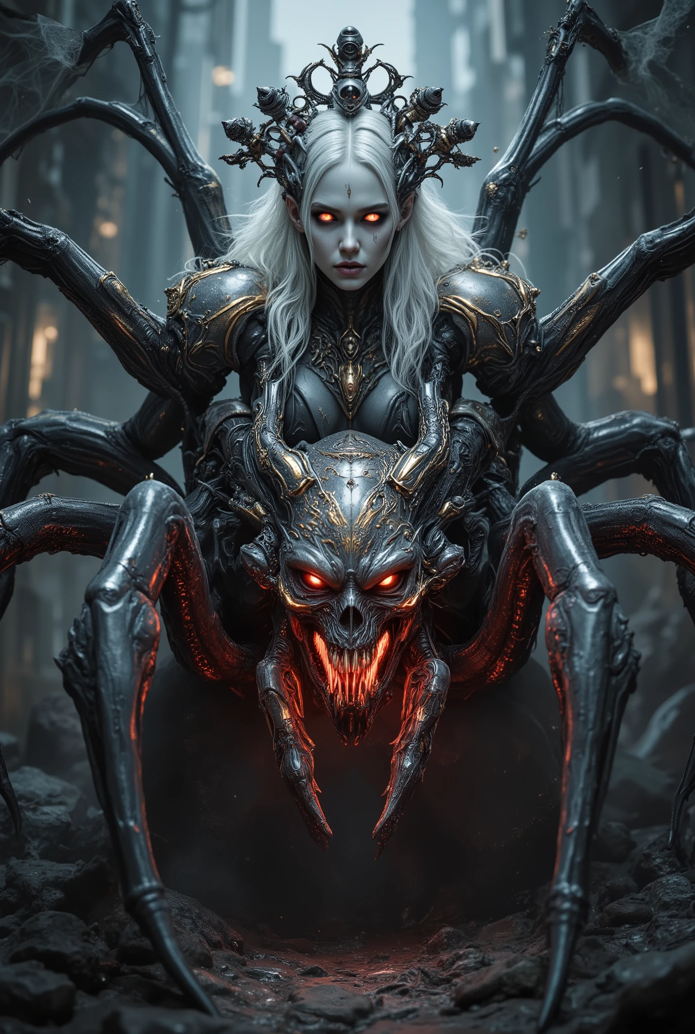 "realistic spider queen, female humanoid upper body fused with monstrous spider legs, dark chitin armor, bioluminescent red eyes, multiple eyes on forehead, pearl white and golden and crimson tones, highly detailed organic textures, sinister expression, fantasy horror setting, dramatic studio lighting, ultra-realistic, 8k, digital art"