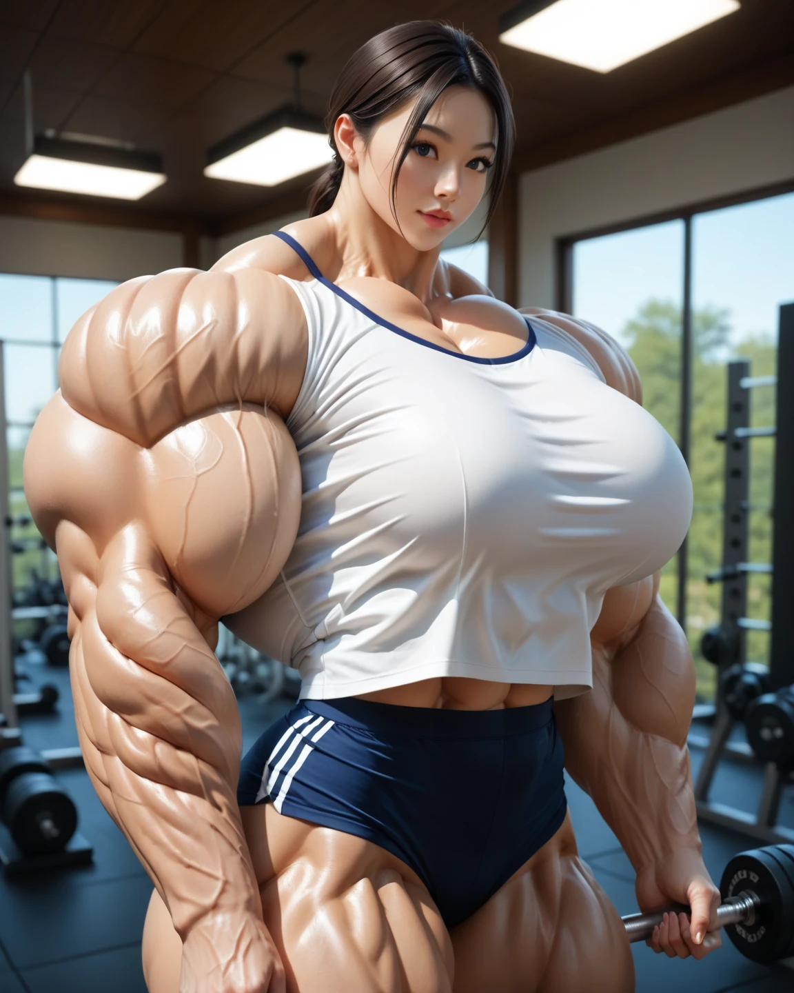 (Best quality,8K,ultra high res:1.5),(very beautiful pretty long tied hair korean actress idol girl),(????????????:1.80),(very voluptuous body),(body builder girl:1.5),(wide muscle:1.8),(very light black hair),(moles),(???? thighs),(on gym),(top view),(???? happy smile),(eyes to camera),(small ??????:1.00),(top view),(cover:1.8)