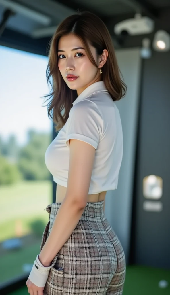 , 8K raw photo, Best quality, masterpiece, ultra high res, film grain, filmg, 1girl, looking at viewer, natural skin texture, realistic eye and face details, full lips, lipstick, (makeup), red eyeshadow, fluffy short hair, messy hair, smile, close mouth, beautiful legs, tall female, skinny, slim_legs, solo, enormous breasts, cleavage, Pose with buttocks facing you, ultra short skirt, ass, shirt, chocker, beautiful nature location, around flower location, (detailed background), plaid skirt, white shirt, enormous breast, cleavage, Show a little cleavage through the shirt, loafers, blurry background, blurry, holding, plaid, short sleeves, jk ribbon on the neck, jk ribbon, brown hair, bracelet, water, bangs, school uniform, jewelry, parted lips, lips, from side, pleated skirt, depth of field