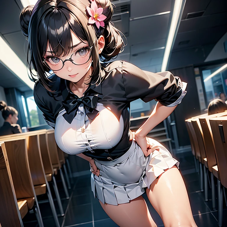 Two braids，Children's face，The stands up，Breast-huge，Tongue stock，Pink Negligee ，white  panties，Keep the face，White pleated skirt，black lence stockings，short  skirt，eye glass，with her mouth open，